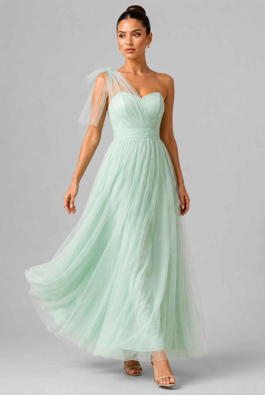 Virtual Model Wearing The Evangeline Tulle Dress Asymmetric One-Shoulder Mint Green Gown