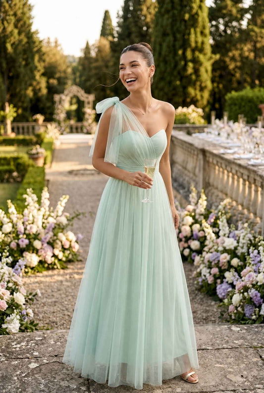 Virtual model wearing The Evangeline Tulle Dress Asymmetric One-Shoulder Mint Green Gown