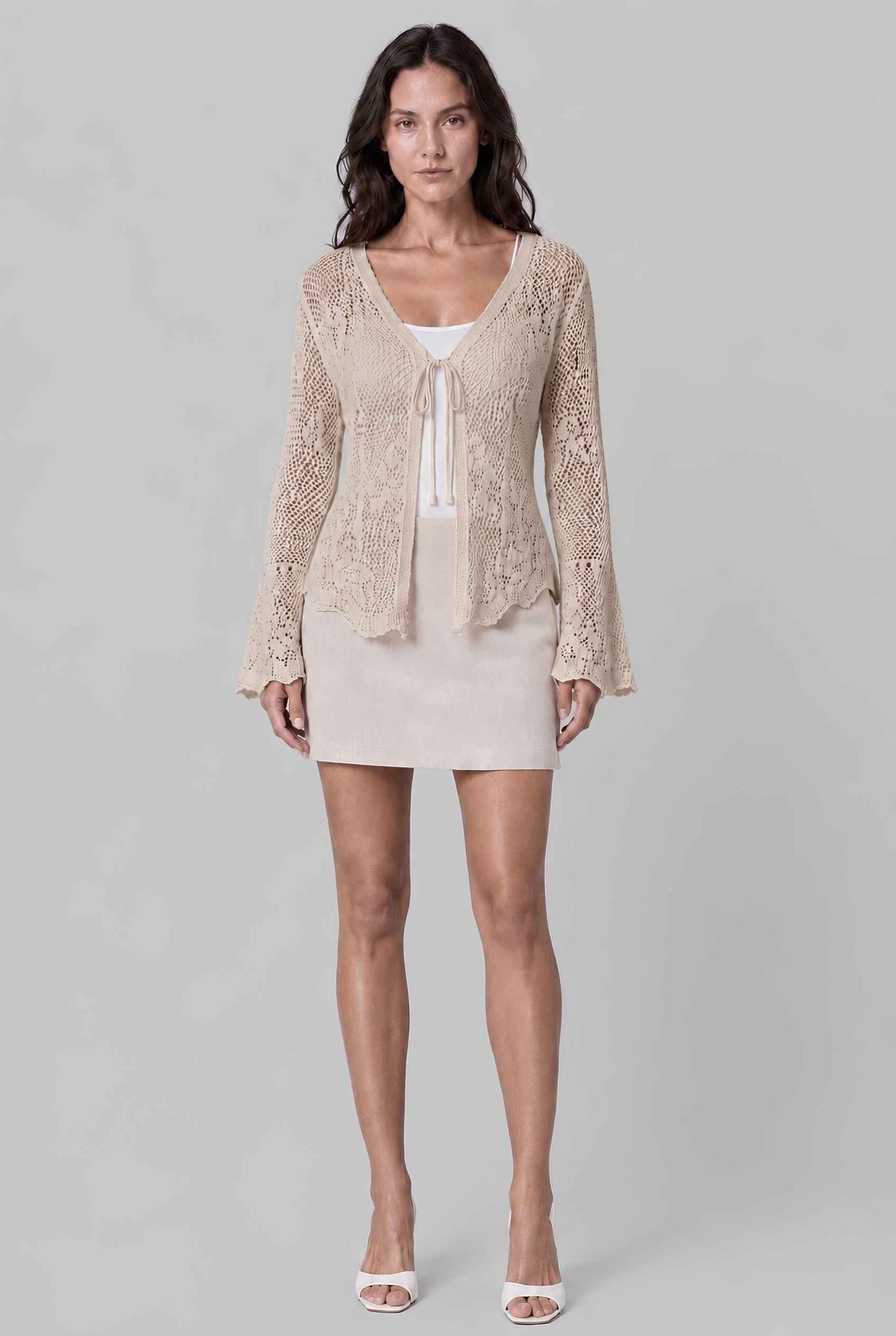 Virtual Model wearing The Faye Tie-Front Cardigan Open Stitch Crochet Cardigan in Beige