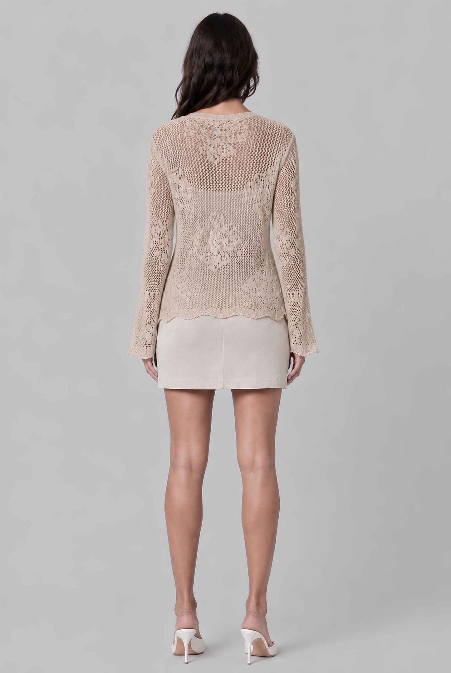 Virtual Model wearing The Faye Tie-Front Cardigan Open Stitch Crochet Cardigan in Beige