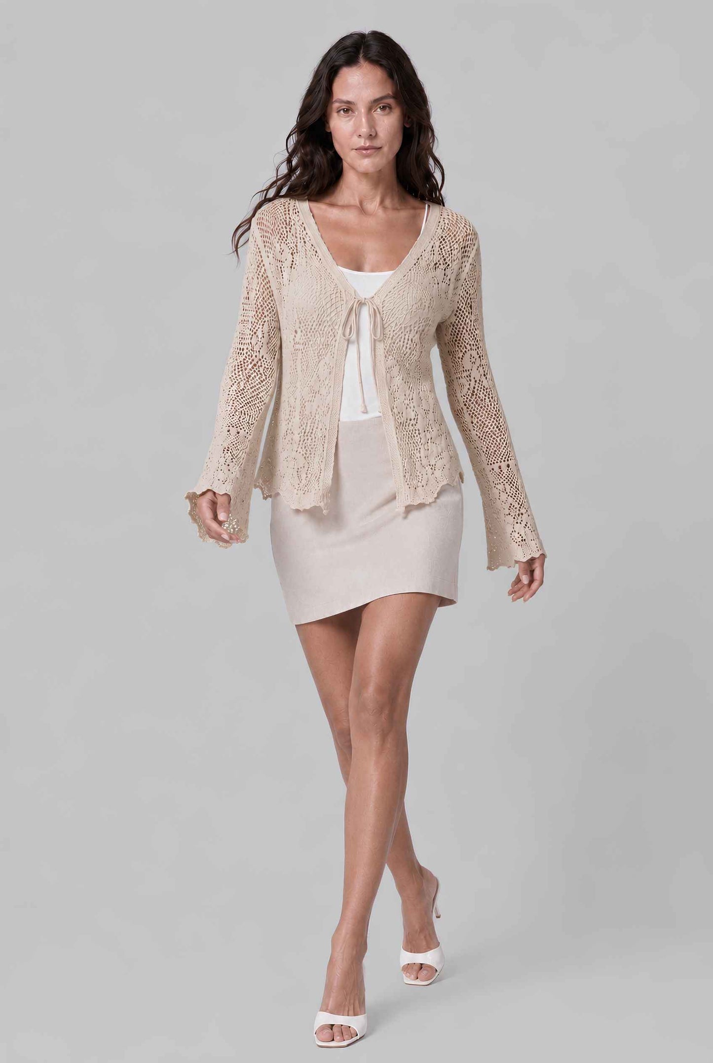 Virtual Model wearing The Faye Tie-Front Cardigan Open Stitch Crochet Cardigan in Beige