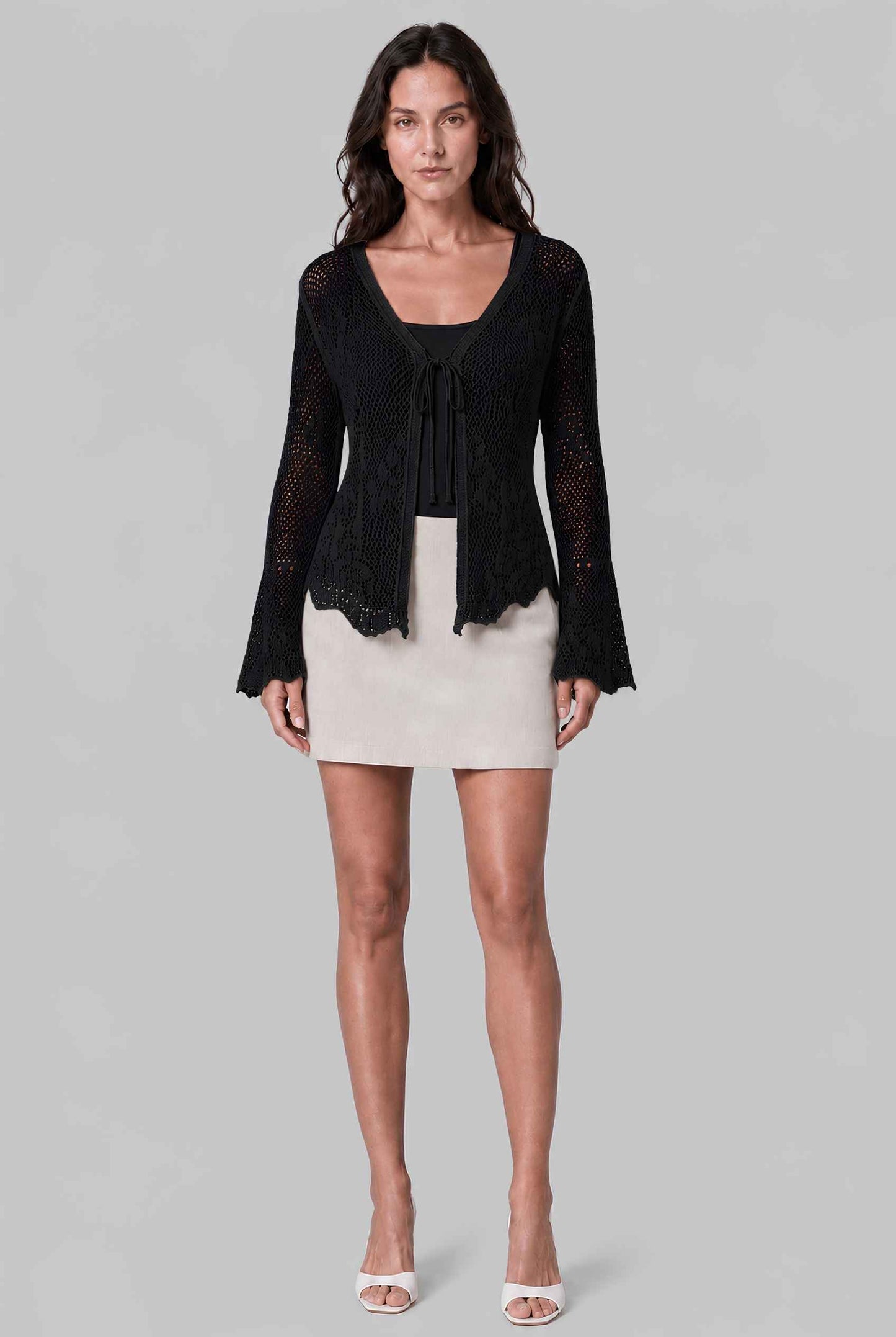 Virtual Model wearing The Faye Tie-Front Cardigan Open Stitch Crochet Cardigan in Black