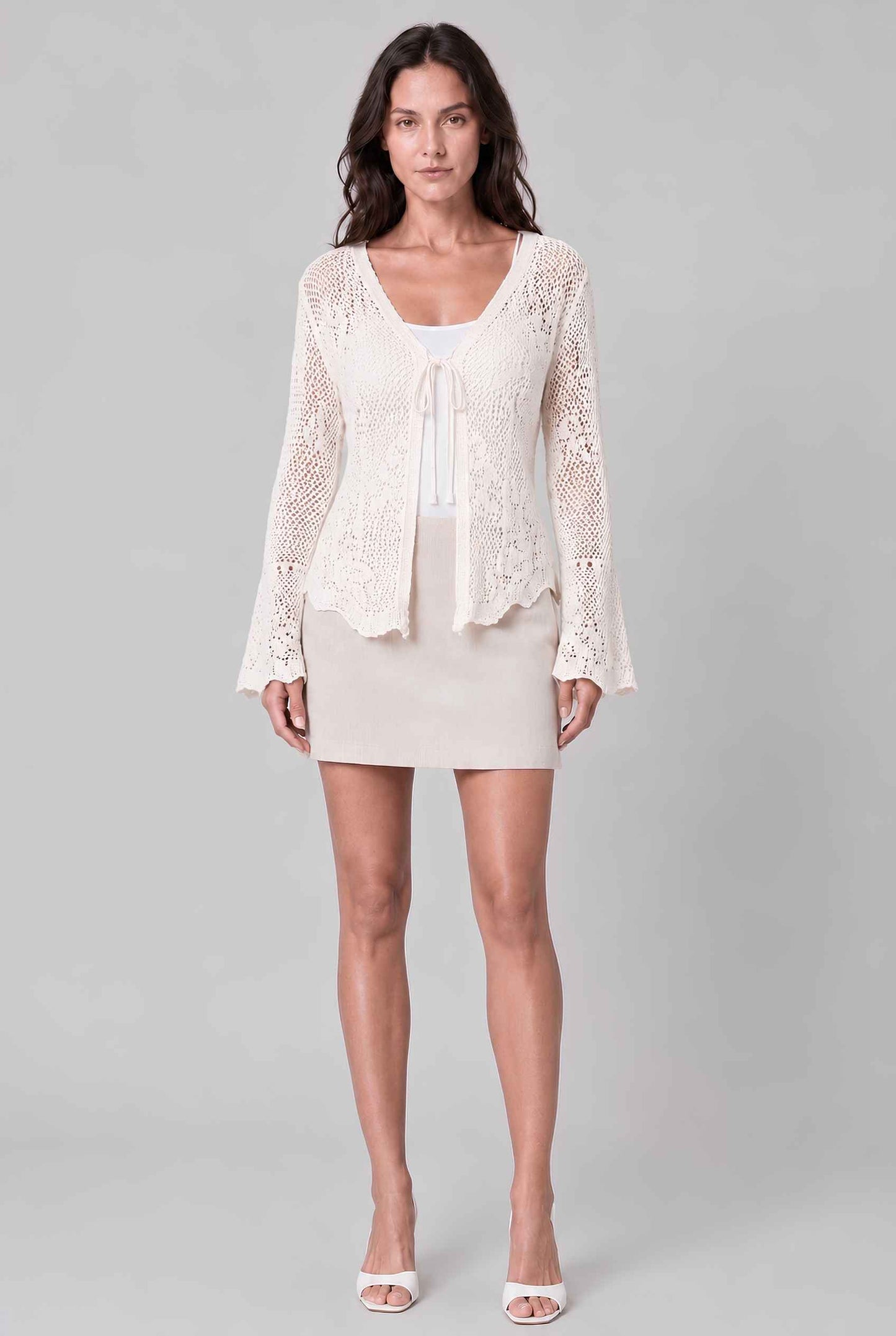 Virtual Model wearing The Faye Tie-Front Cardigan Open Stitch Crochet Cardigan in Off White