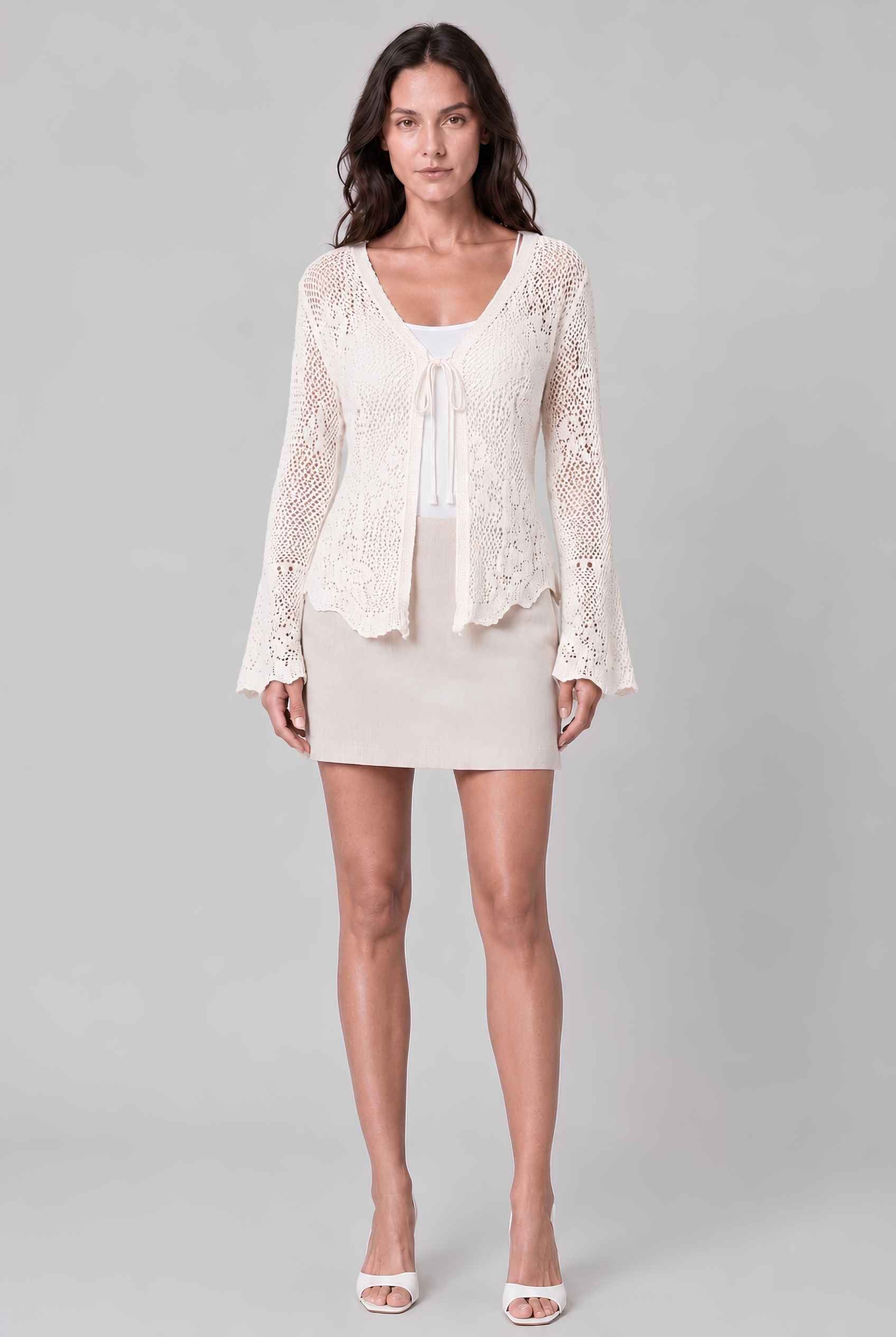 Virtual Model wearing The Faye Tie-Front Cardigan Open Stitch Crochet Cardigan in Off White