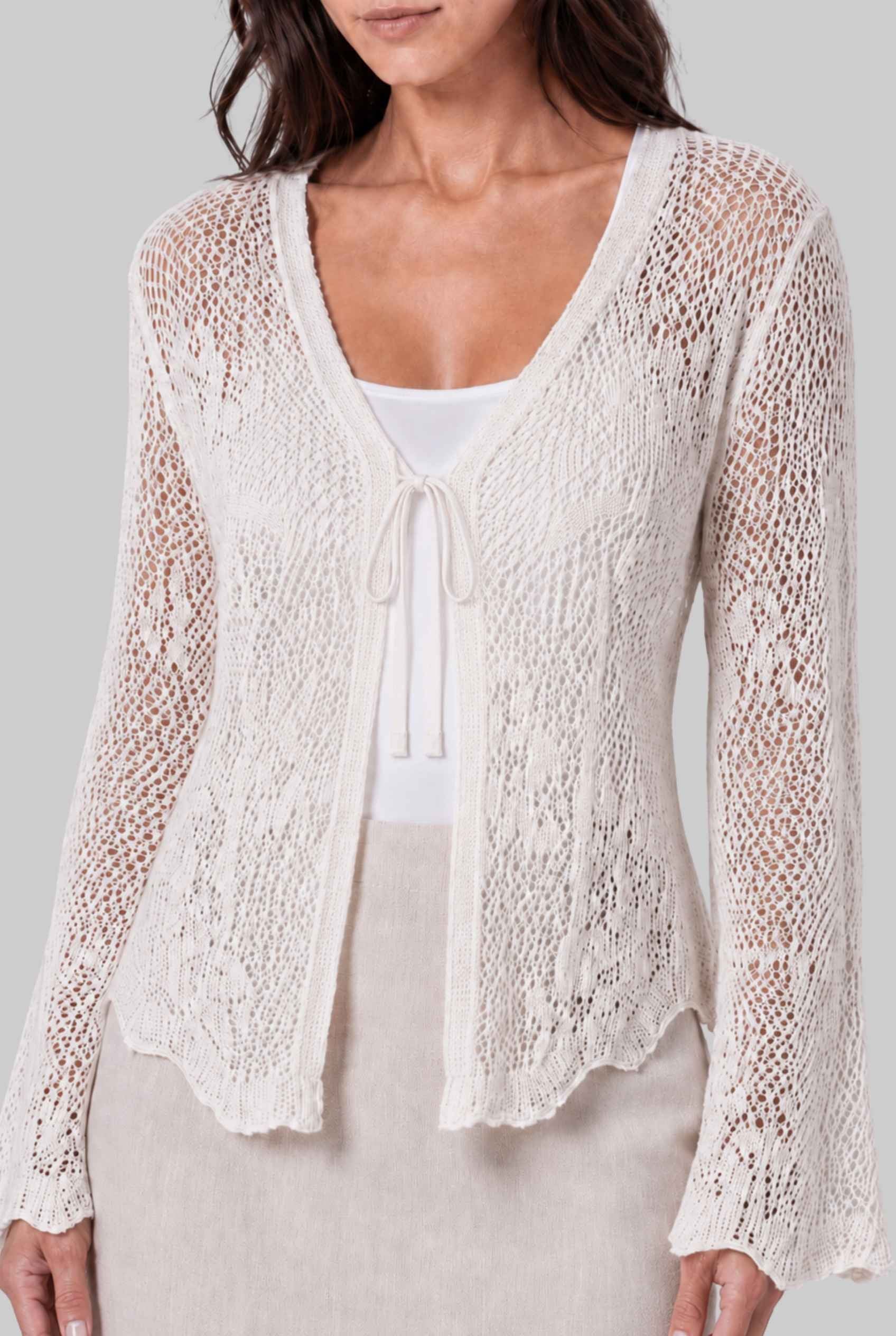 Virtual Model wearing The Faye Tie-Front Cardigan Open Stitch Crochet Cardigan in Off White