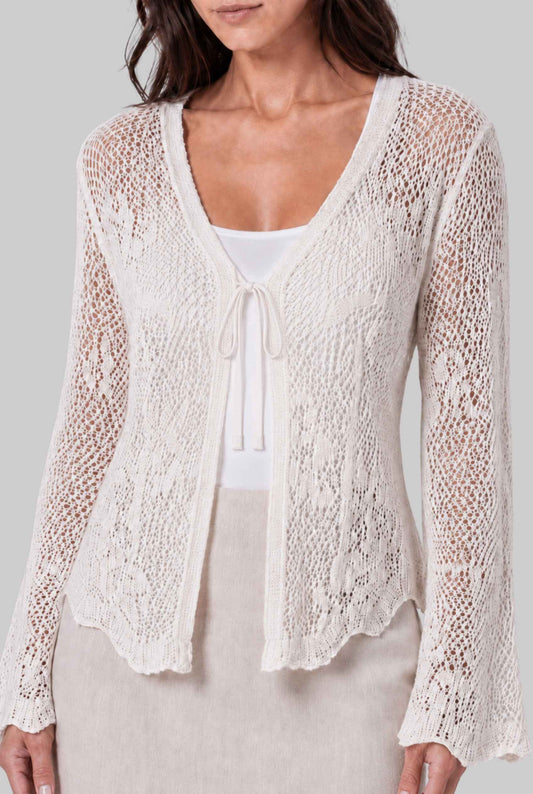 Virtual Model wearing The Faye Tie-Front Cardigan Open Stitch Crochet Cardigan in Off White