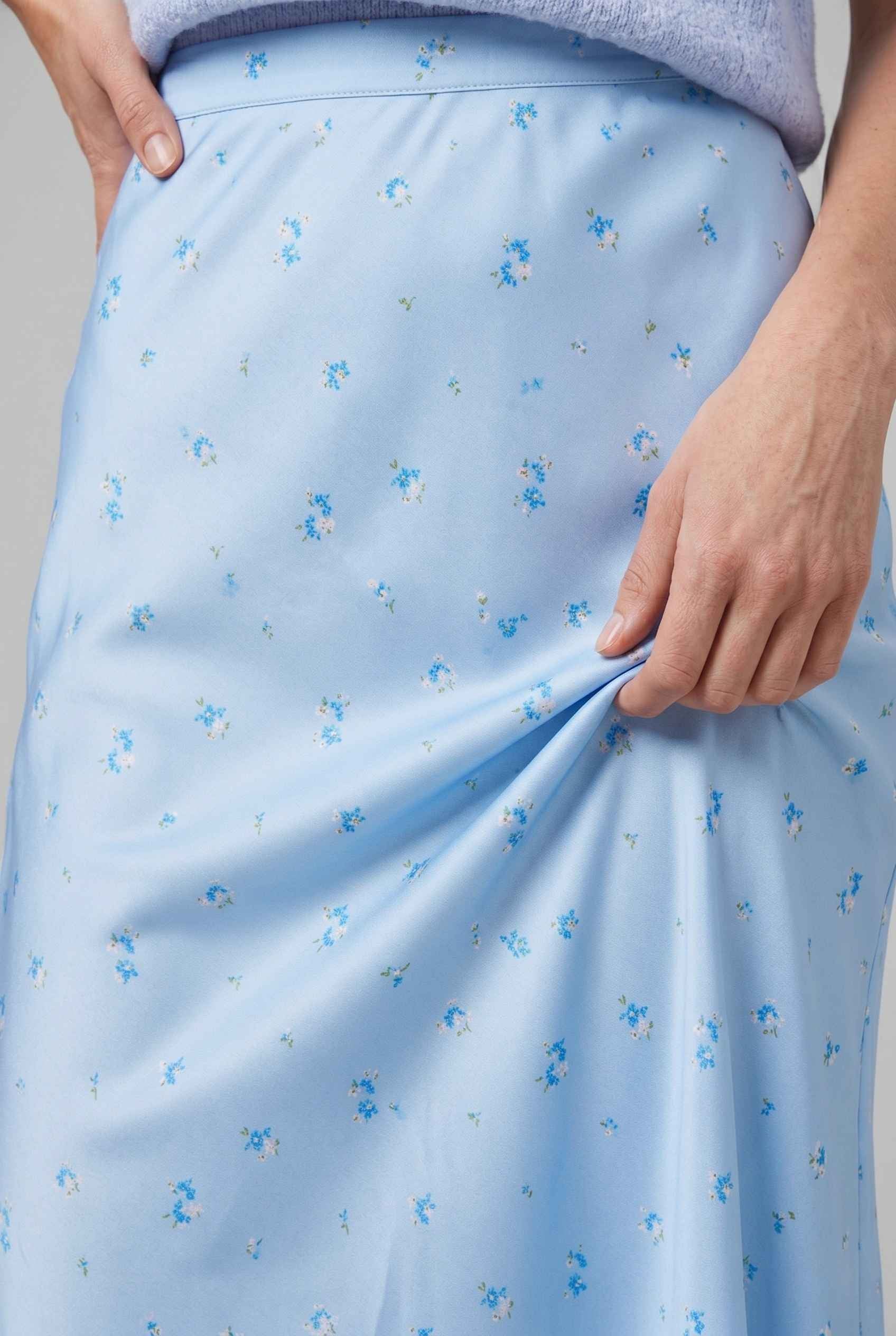 Virtual Model wearing The Florence Satin Skirt Floral Satin Bias Cut Blue Maxi Skirt