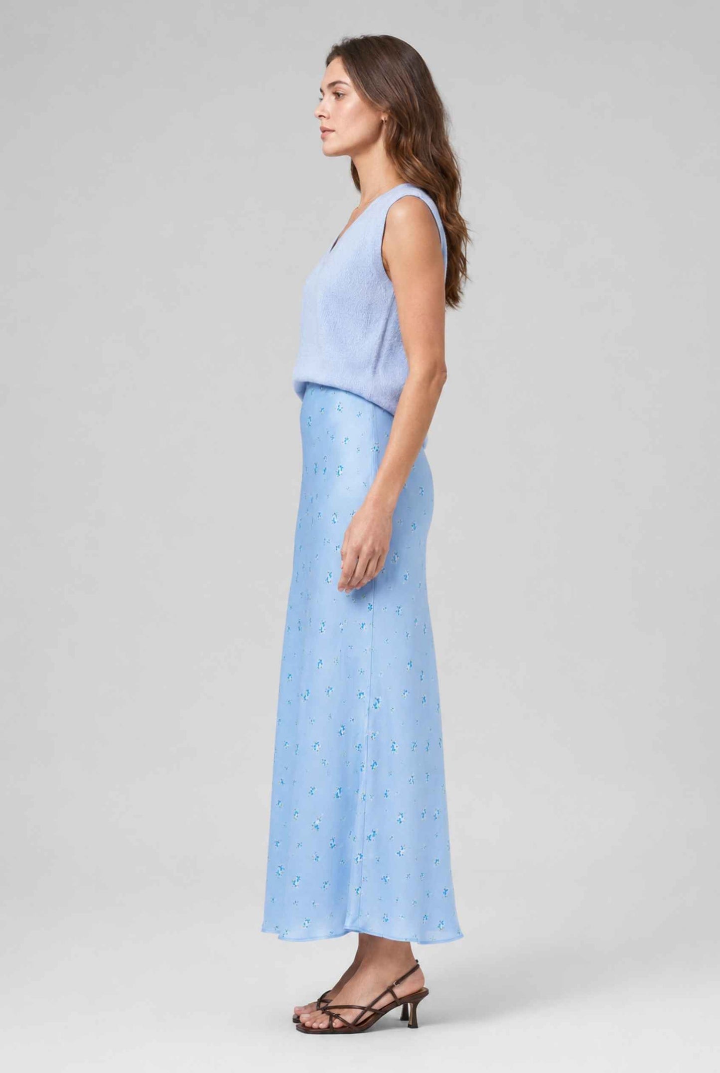 Virtual Model wearing The Florence Satin Skirt Floral Satin Bias Cut Blue Maxi Skirt