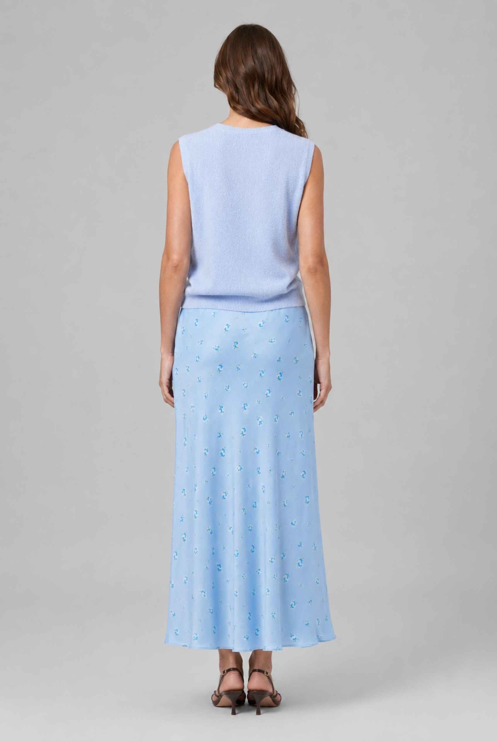 Virtual Model wearing The Florence Satin Skirt Floral Satin Bias Cut Blue Maxi Skirt