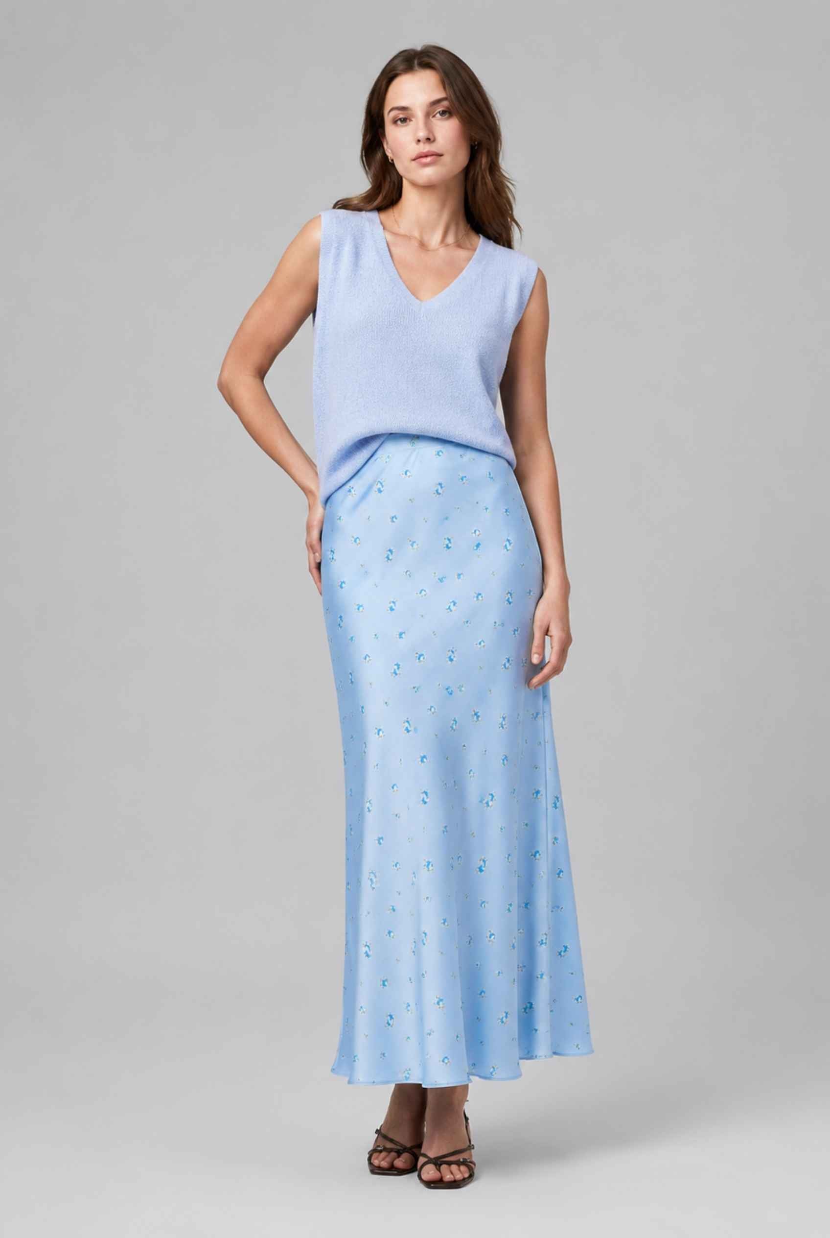 Virtual Model wearing The Florence Satin Skirt Floral Satin Bias Cut Blue Maxi Skirt