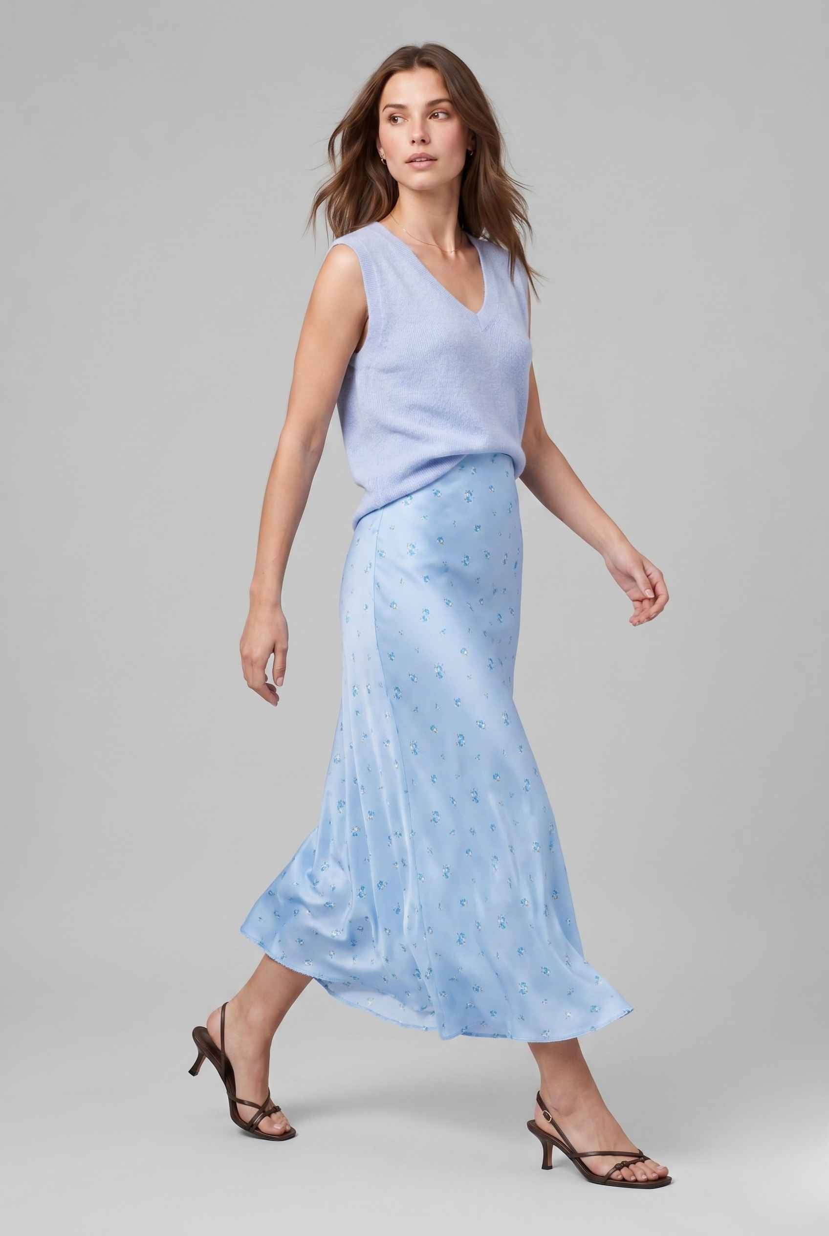 Virtual Model wearing The Florence Satin Skirt Floral Satin Bias Cut Blue Maxi Skirt