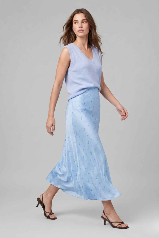 Virtual Model wearing The Florence Satin Skirt Floral Satin Bias Cut Blue Maxi Skirt