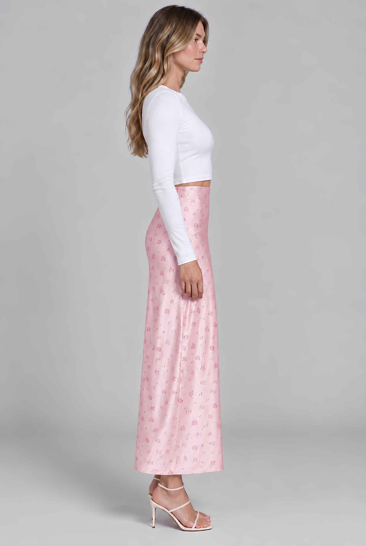 Virtual model wearing The Florence Satin Skirt Floral Satin Bias-Cut High-Waist Maxi Skirt in Pink