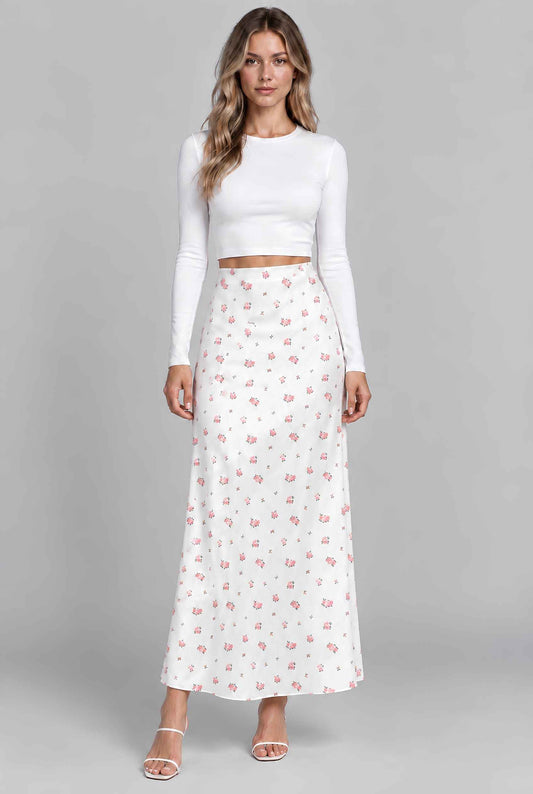 Virtual model wearing The Florence Satin Skirt Floral Satin Bias-Cut High-Waist Maxi Skirt in White