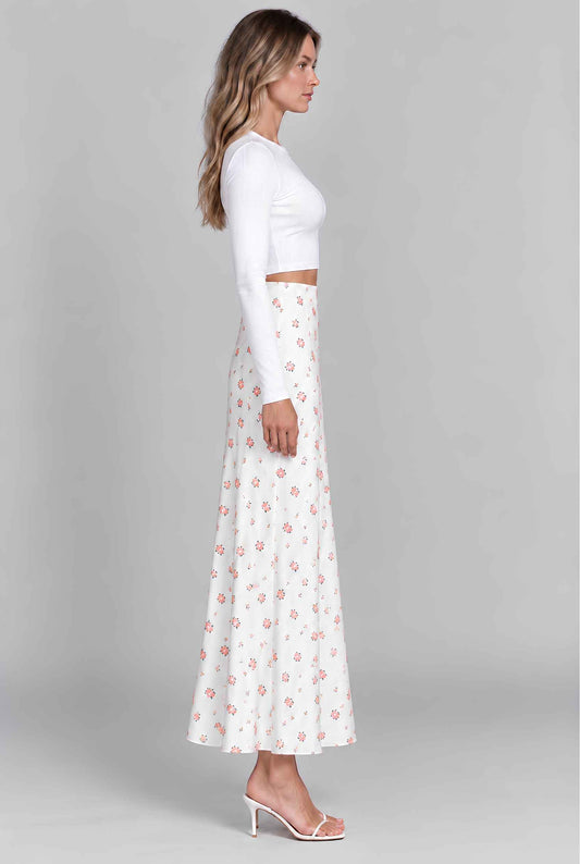 Virtual model wearing The Florence Satin Skirt Floral Satin Bias-Cut High-Waist Maxi Skirt in White