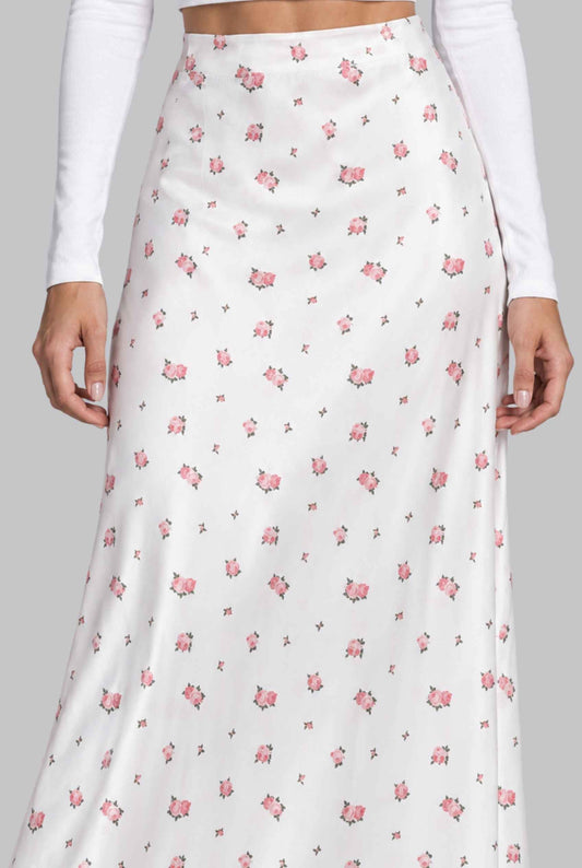 Virtual model wearing The Florence Satin Skirt Floral Satin Bias-Cut High-Waist Maxi Skirt in White