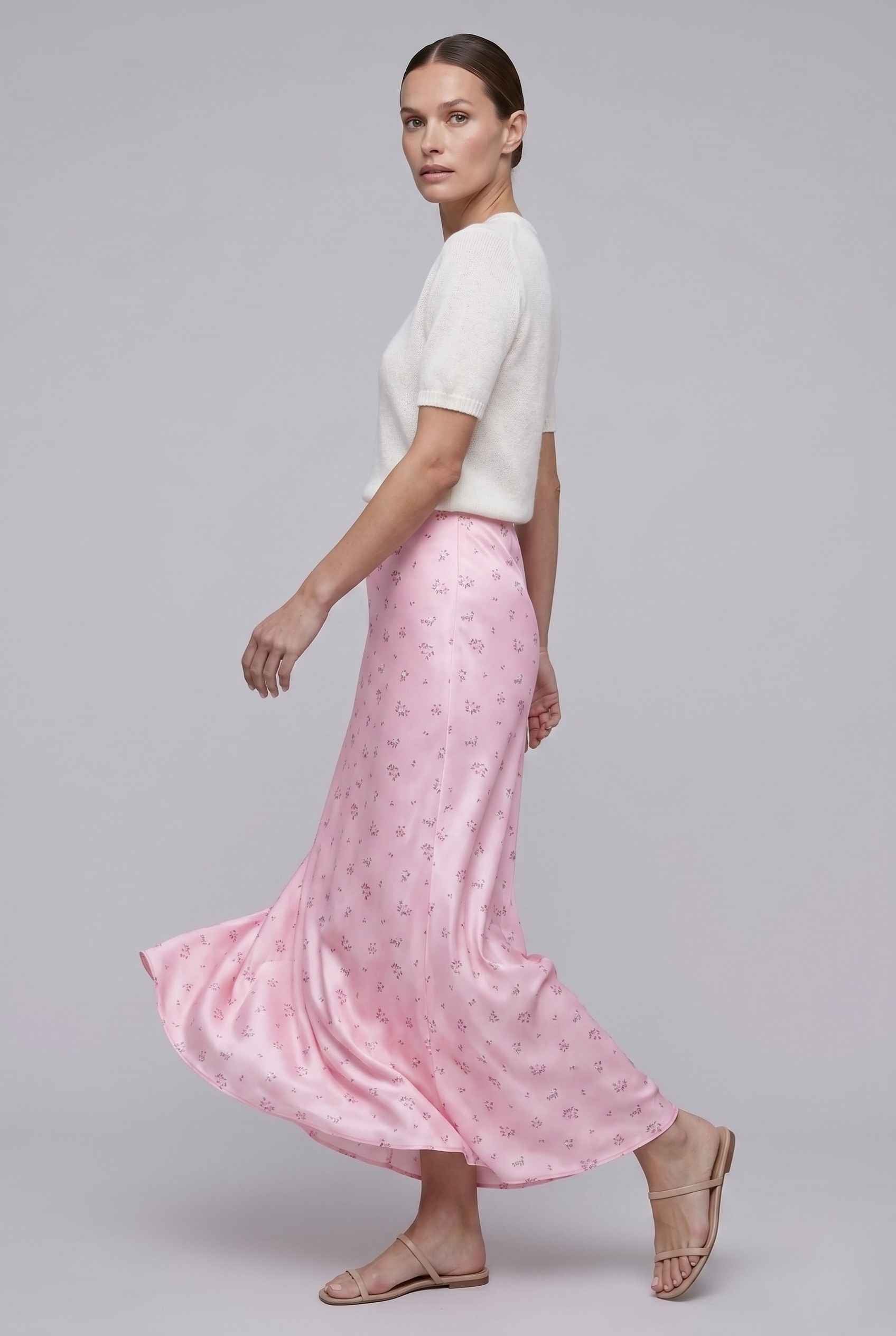 Virtual Model wearing The Florence Satin Skirt Floral Satin Bias Cut Pink Maxi Skirt