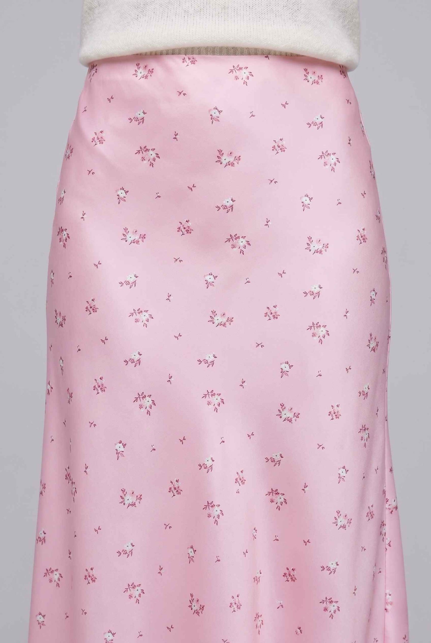 Virtual Model wearing The Florence Satin Skirt Floral Satin Bias Cut Pink Maxi Skirt