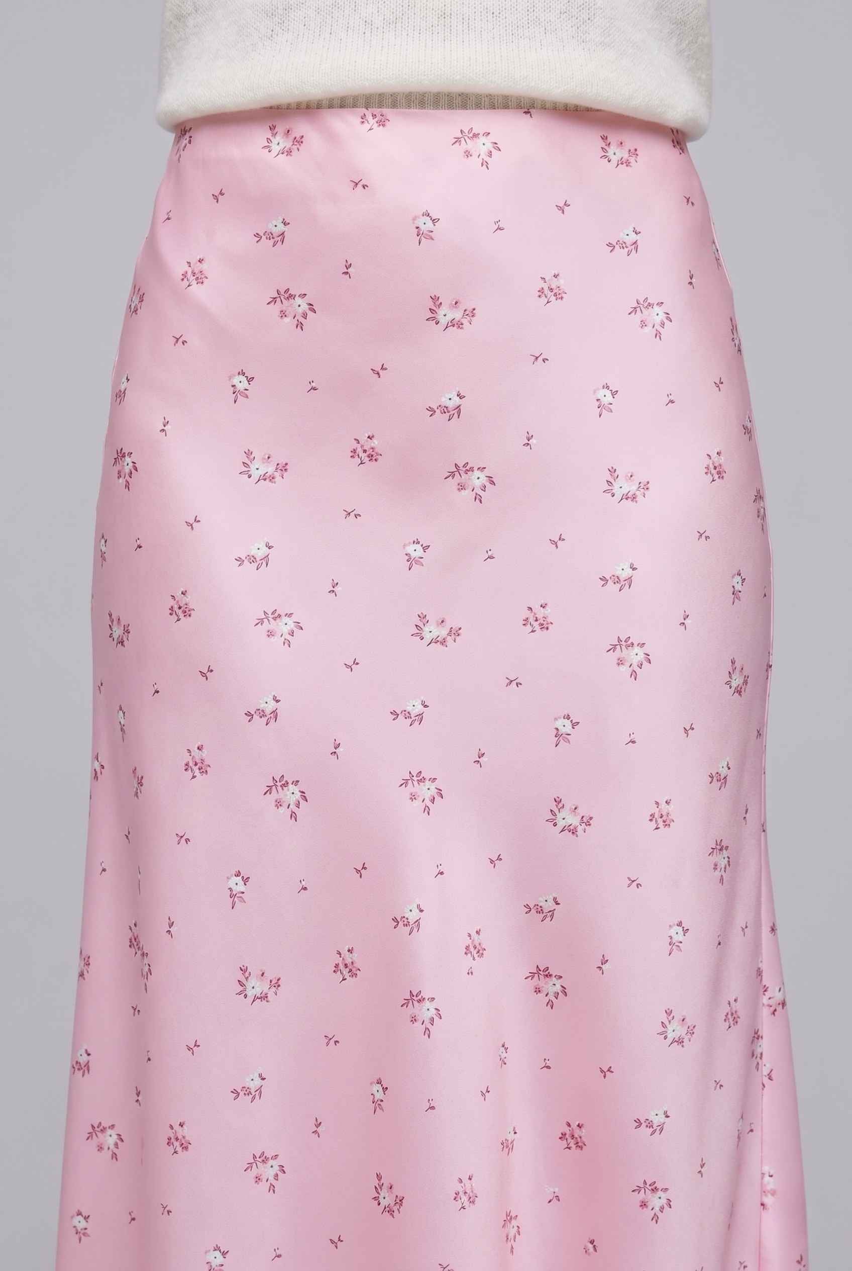 Virtual Model wearing The Florence Satin Skirt Floral Satin Bias Cut Pink Maxi Skirt
