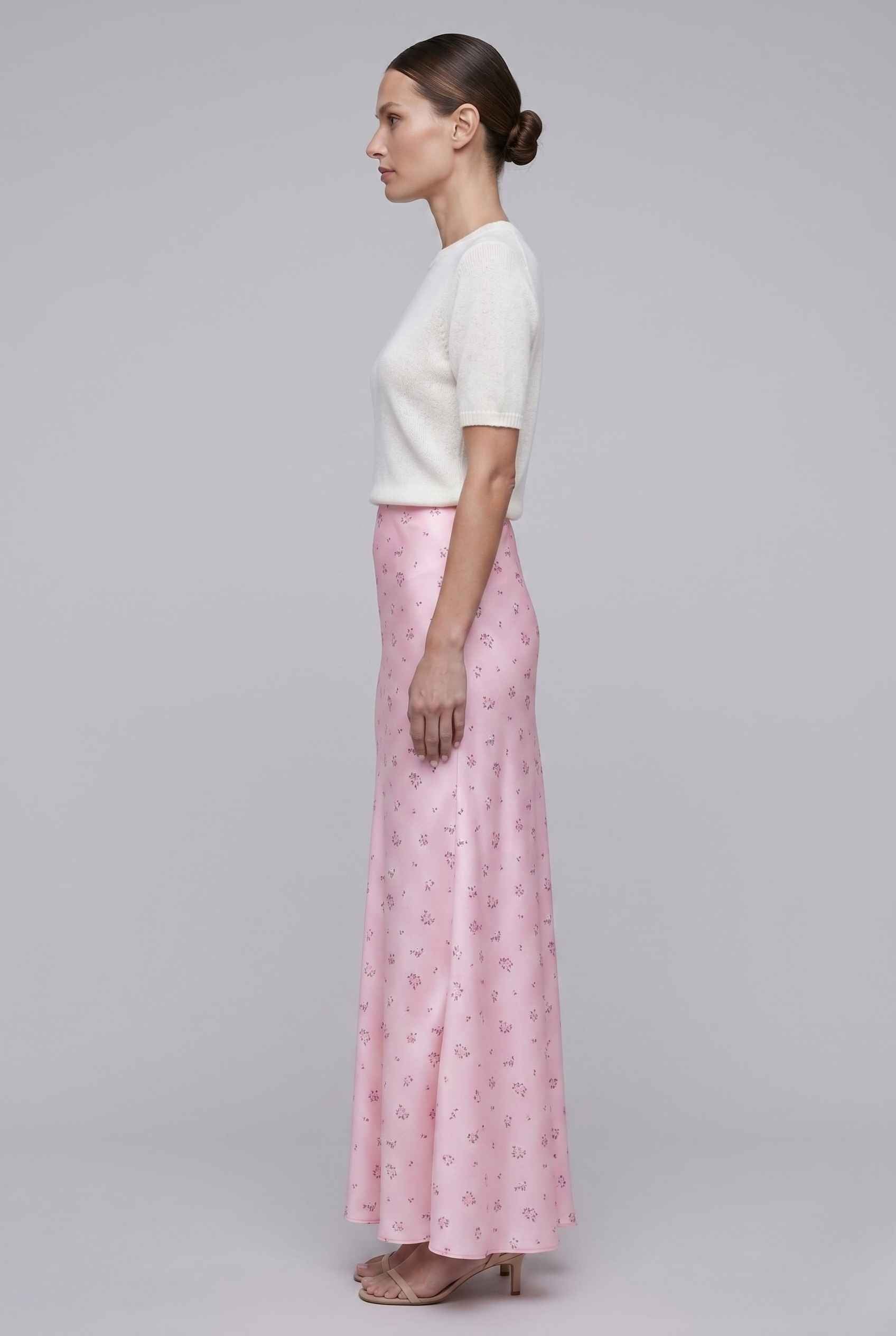 Virtual Model wearing The Florence Satin Skirt Floral Satin Bias Cut Pink Maxi Skirt
