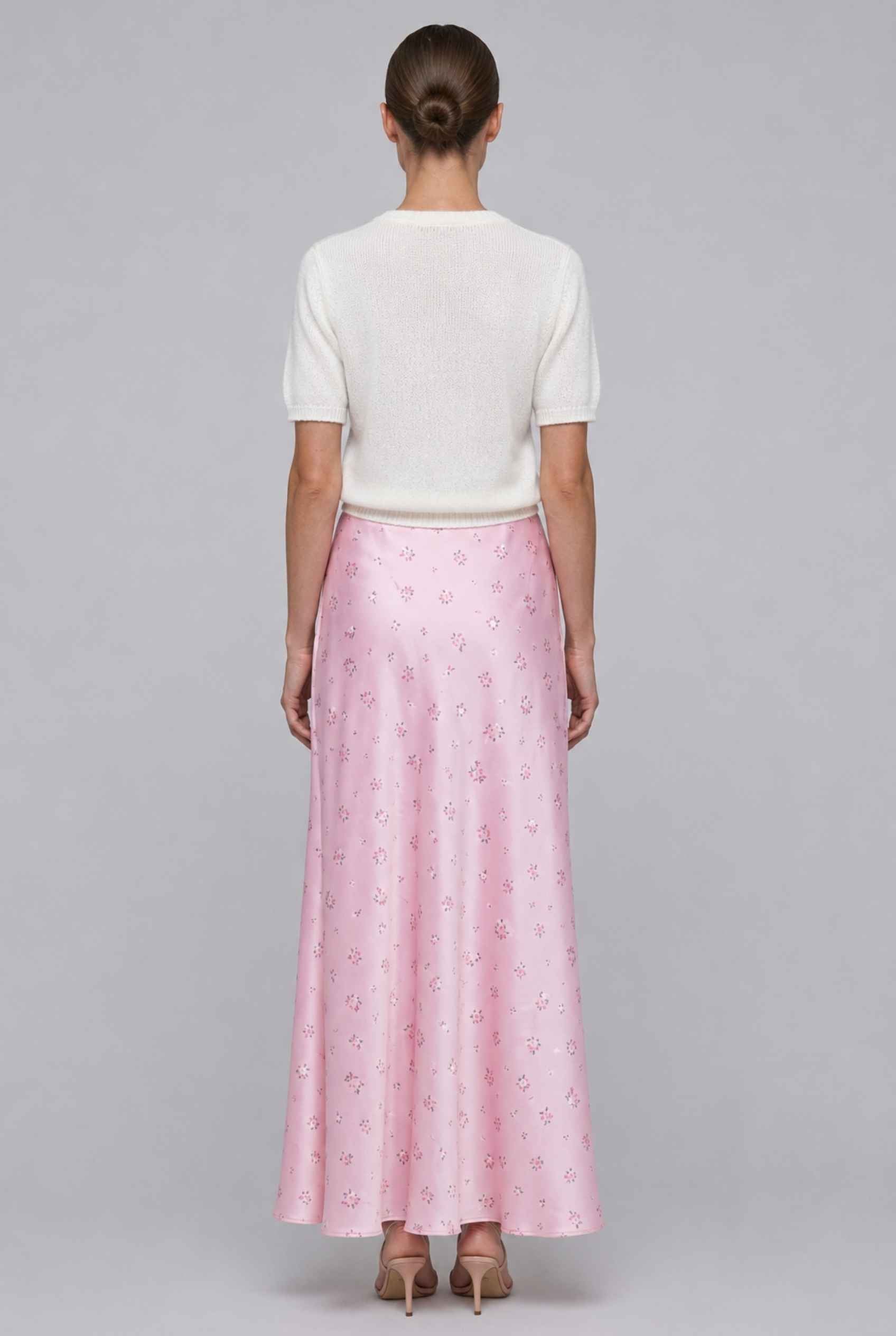 Virtual Model wearing The Florence Satin Skirt Floral Satin Bias Cut Pink Maxi Skirt