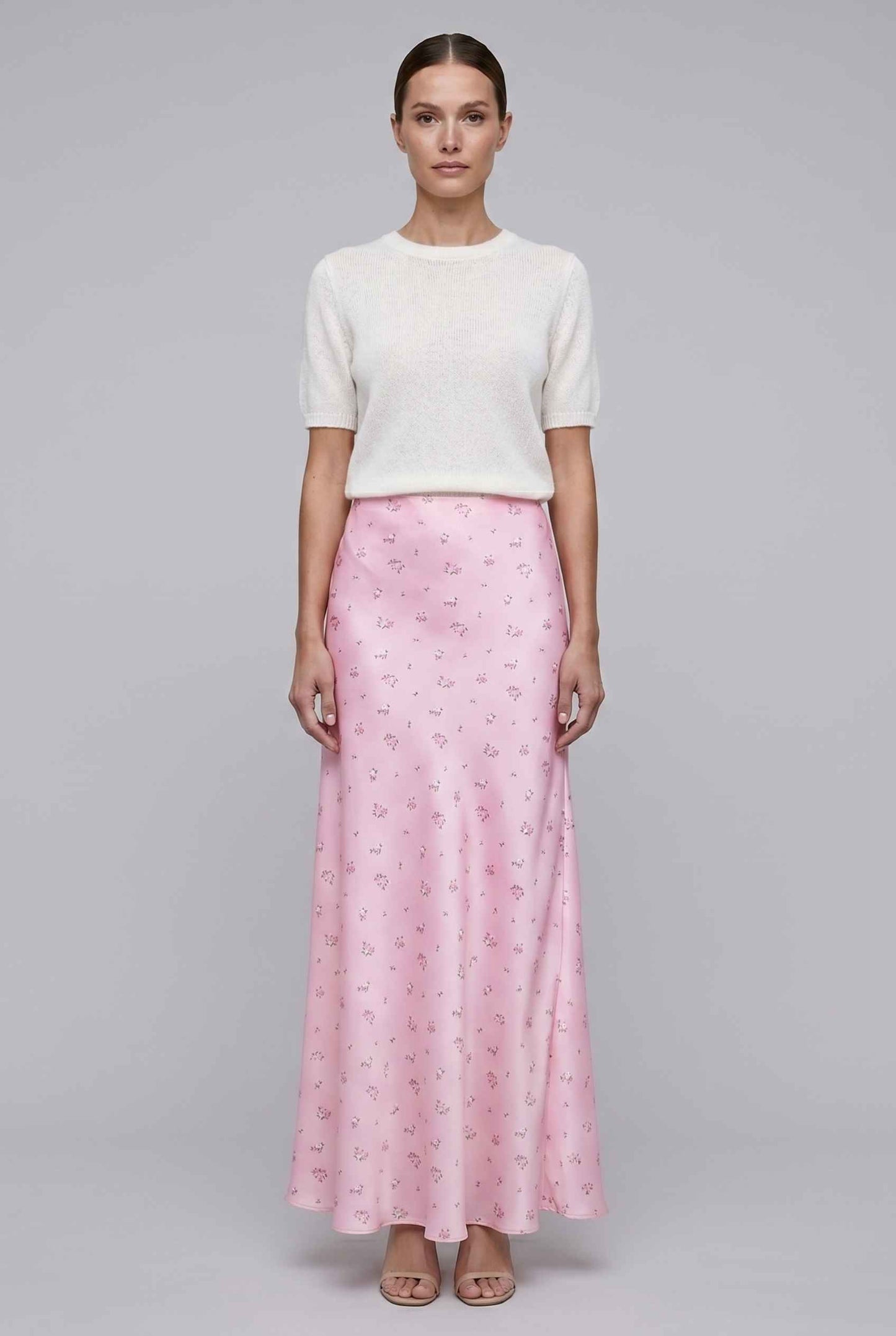 Virtual Model wearing The Florence Satin Skirt Floral Satin Bias Cut Pink Maxi Skirt