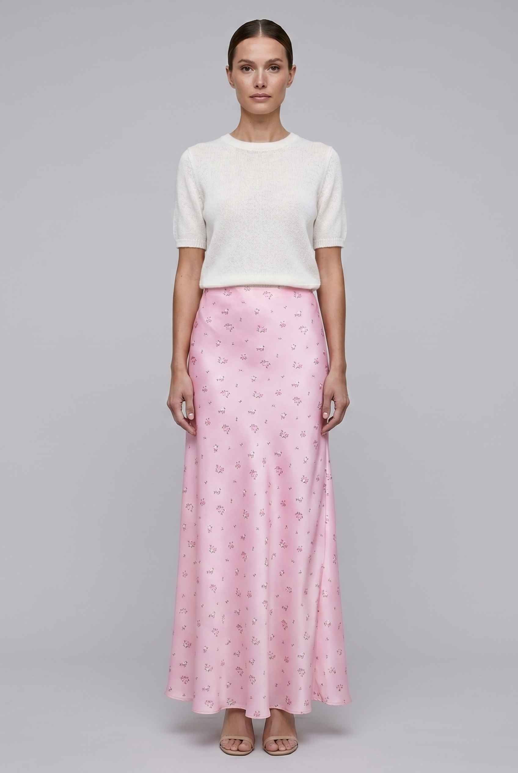 Virtual Model wearing The Florence Satin Skirt Floral Satin Bias Cut Pink Maxi Skirt