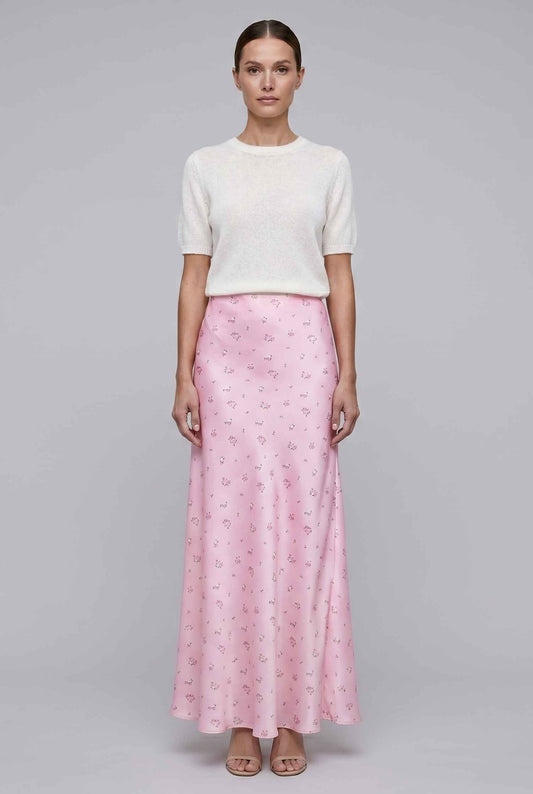 Virtual Model wearing The Florence Satin Skirt Floral Satin Bias Cut Pink Maxi Skirt