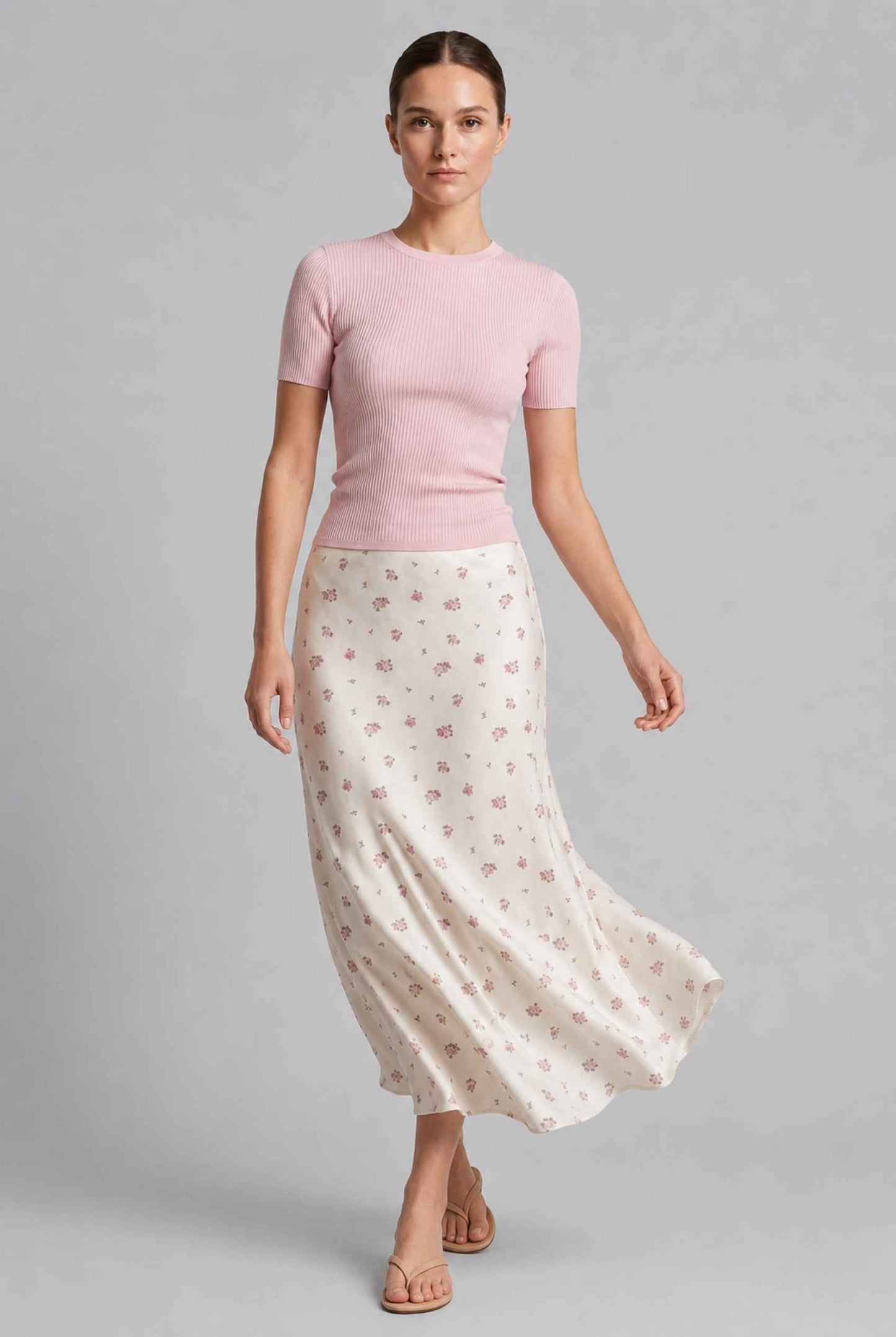 Virtual Model wearing The Florence Satin Skirt Floral Satin Bias Cut White Maxi Skirt