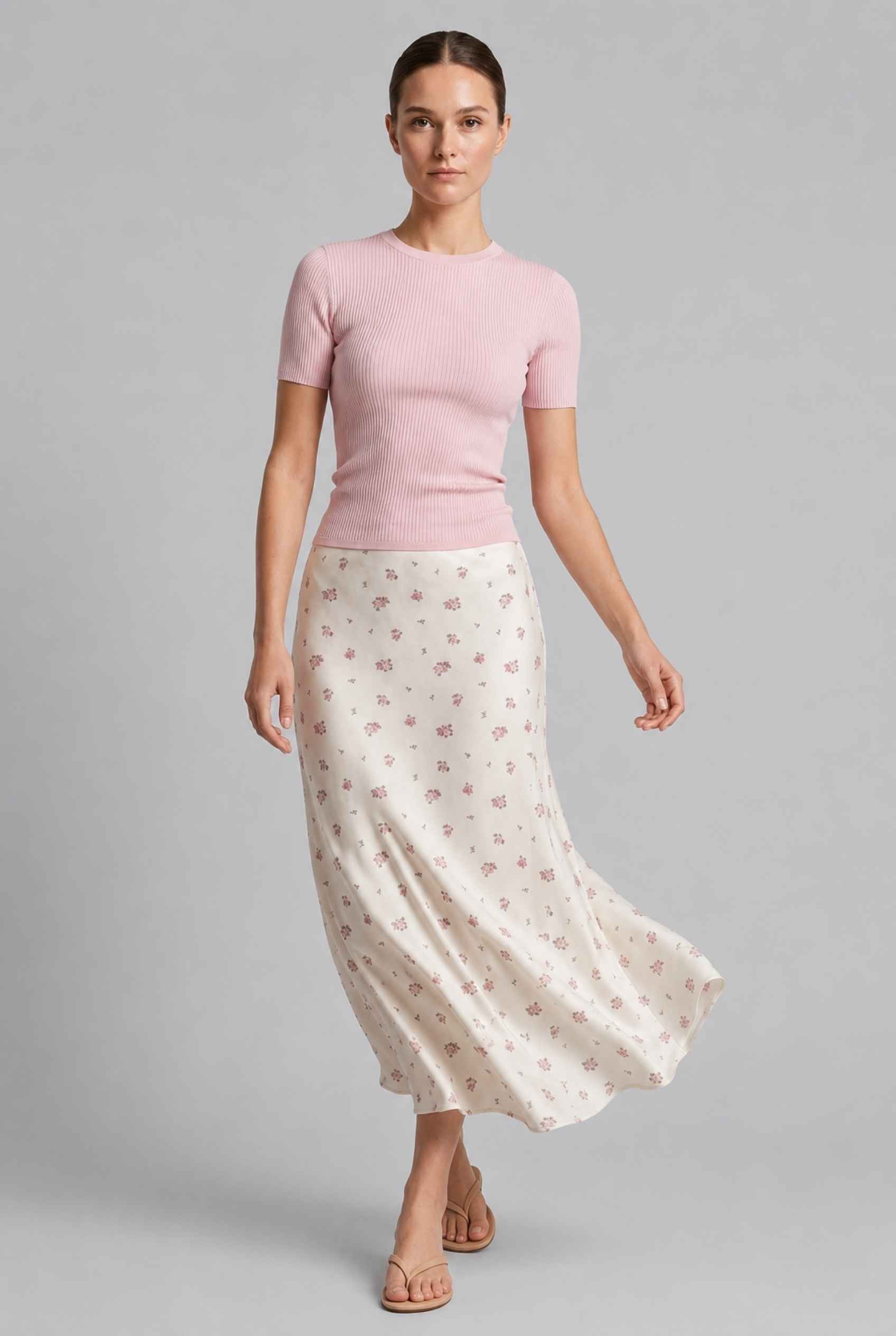 Virtual Model wearing The Florence Satin Skirt Floral Satin Bias Cut White Maxi Skirt