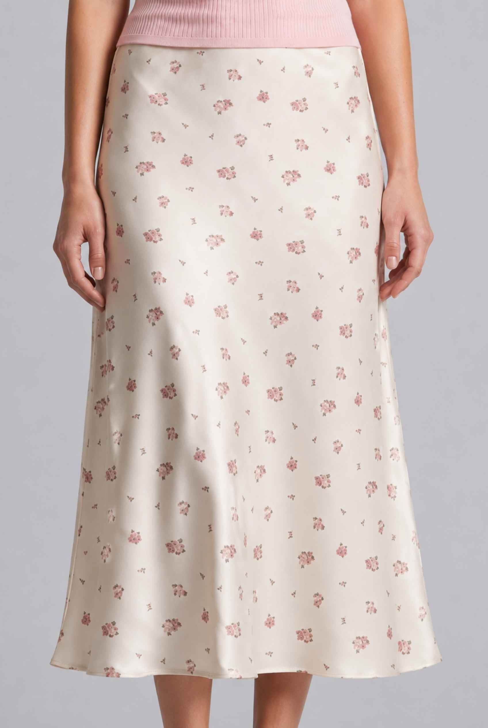 Virtual Model wearing The Florence Satin Skirt Floral Satin Bias Cut White Maxi Skirt