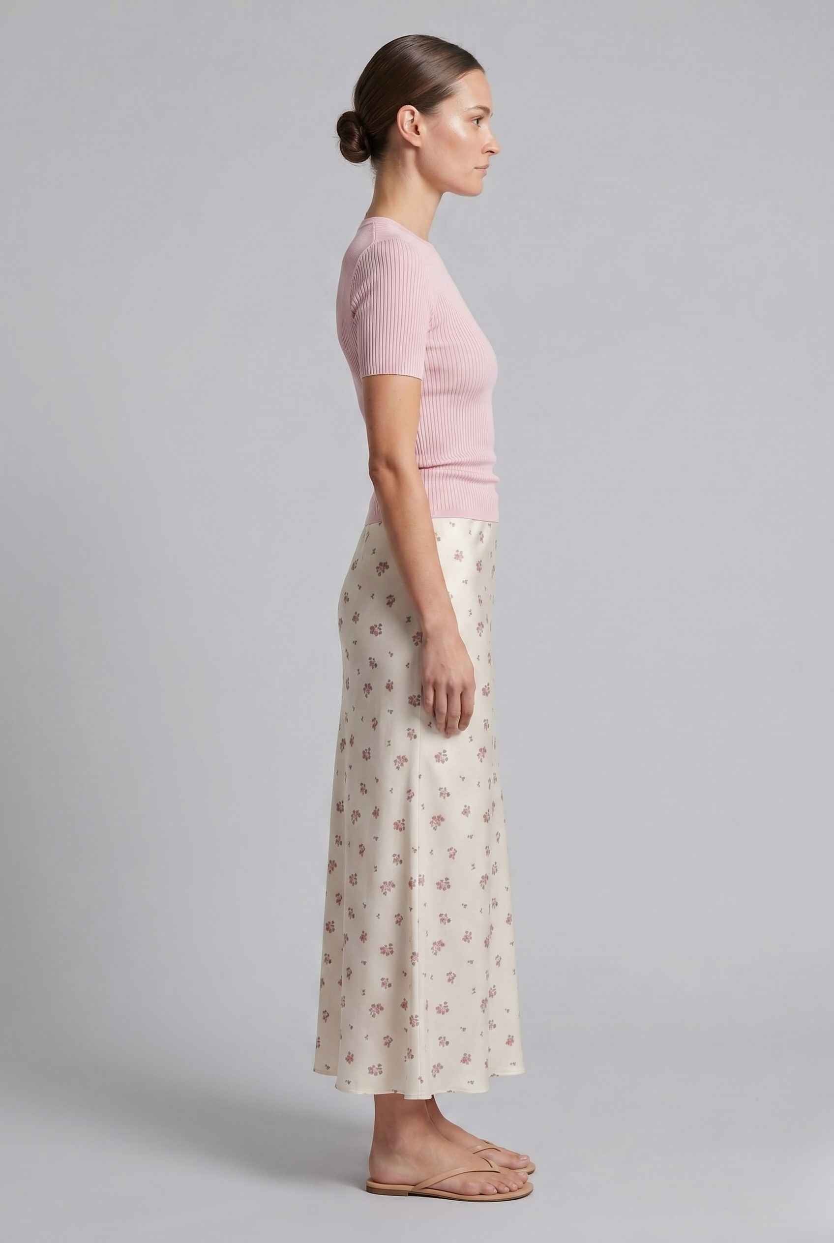 Virtual Model wearing The Florence Satin Skirt Floral Satin Bias Cut White Maxi Skirt