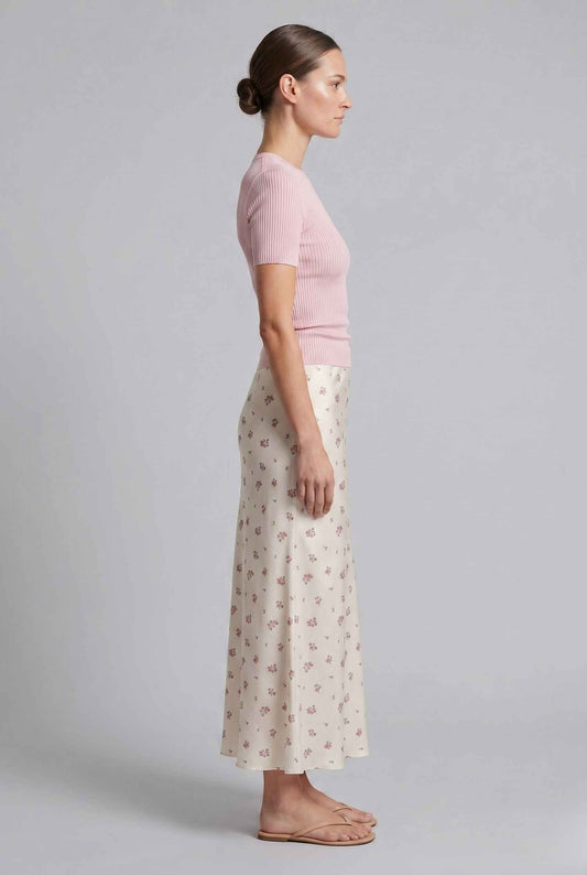 Virtual Model wearing The Florence Satin Skirt Floral Satin Bias Cut White Maxi Skirt