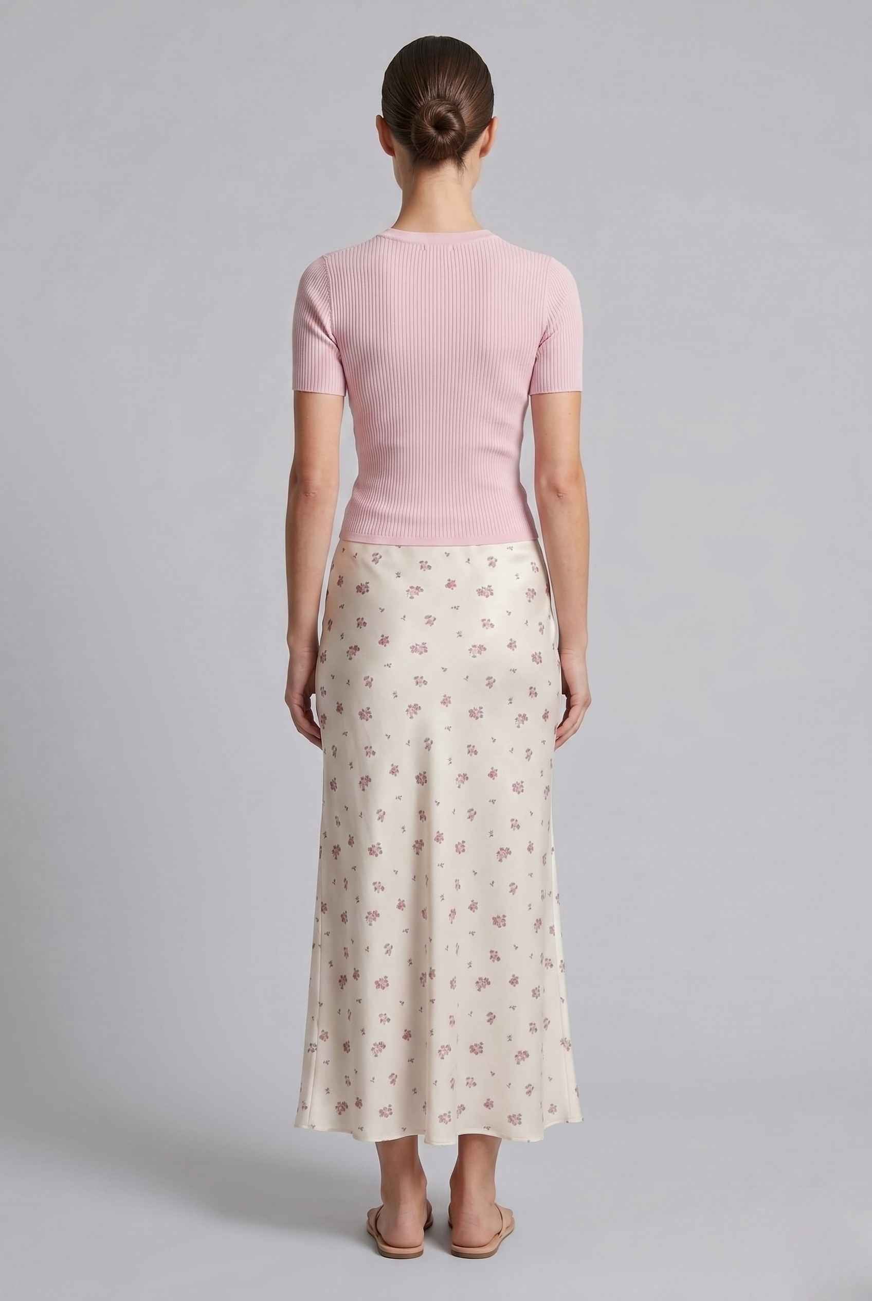 Virtual Model wearing The Florence Satin Skirt Floral Satin Bias Cut White Maxi Skirt