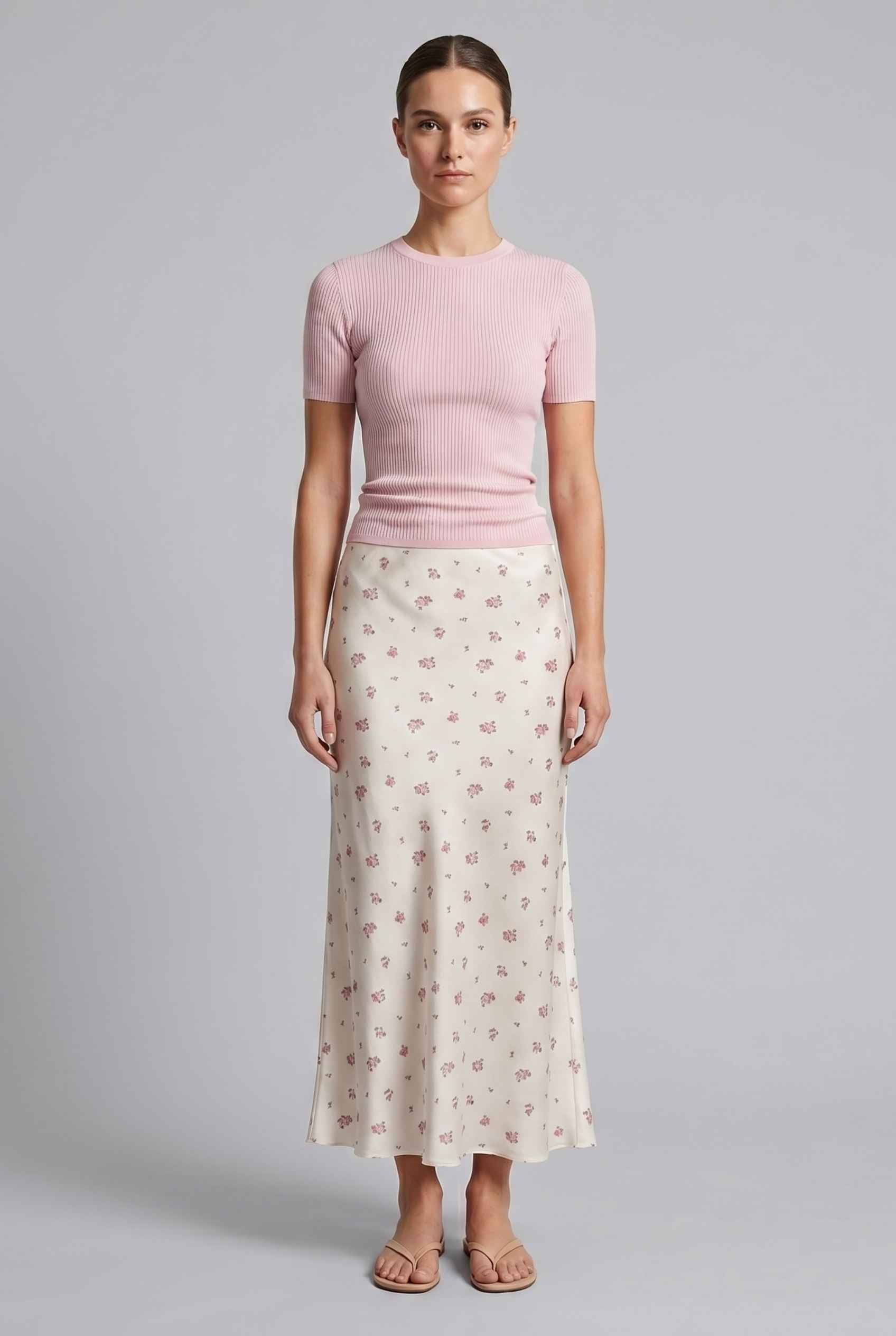 Virtual Model wearing The Florence Satin Skirt Floral Satin Bias Cut White Maxi Skirt
