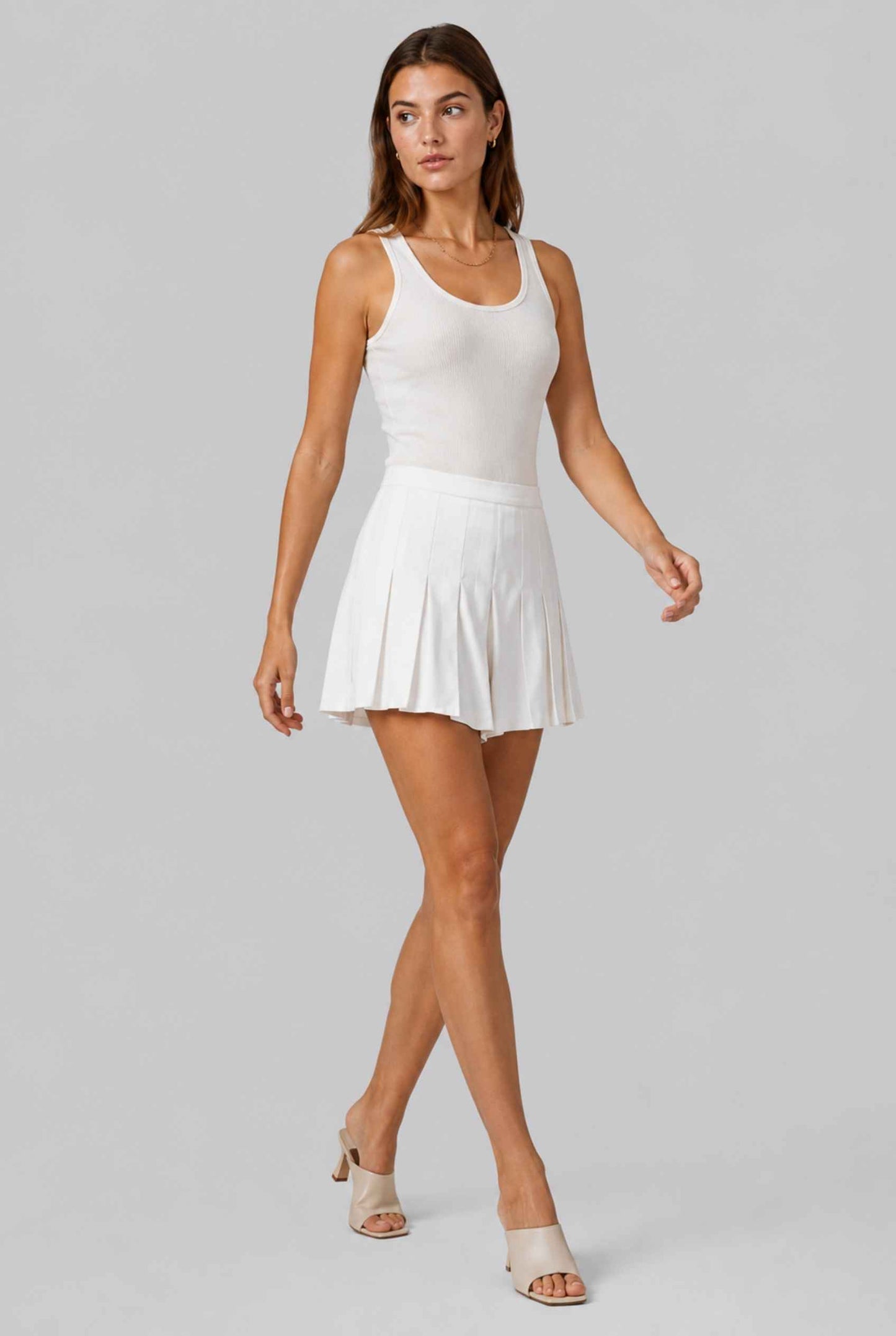 Virtual Modeling wearing The Florie Pleated Short Tailored White Resort Shorts