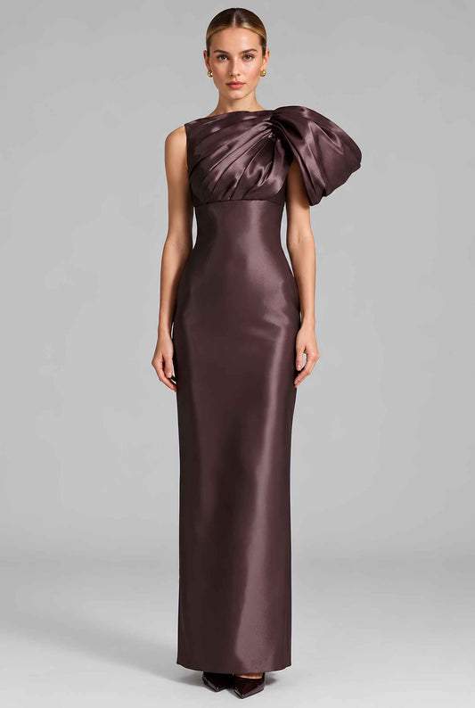 Virtual model wearing The Francesca Asymmetric Satin Dress Satin Asymmetrical Evening Gown in Brown