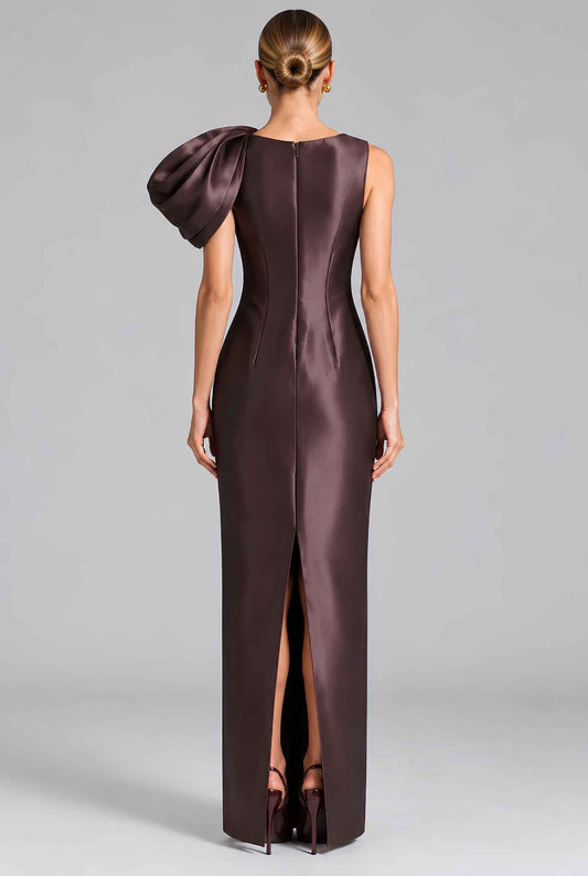 Virtual model wearing The Francesca Asymmetric Satin Dress Satin Asymmetrical Evening Gown in Brown