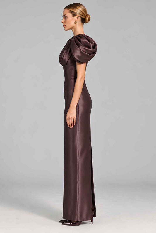 Virtual model wearing The Francesca Asymmetric Satin Dress Satin Asymmetrical Evening Gown in Brown