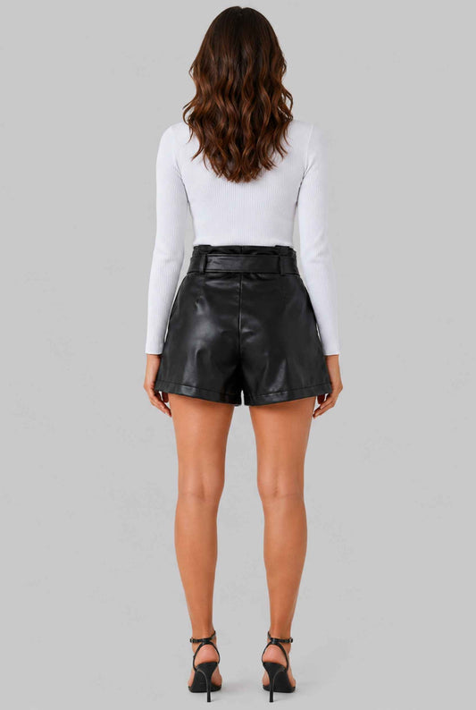 Virtual Model wearing The Gemma Leather Short Black High-Waisted Vegan Leather Paperbag Shorts