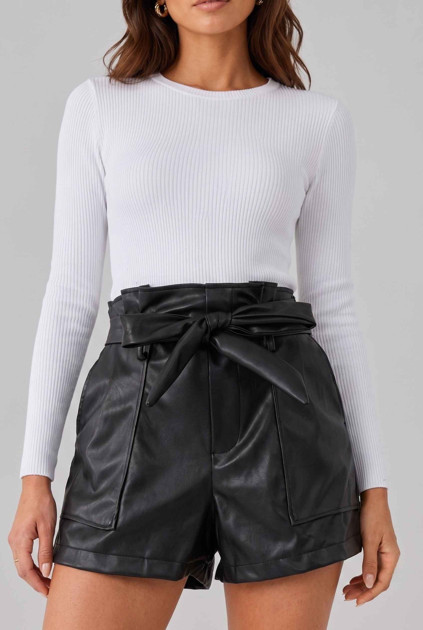 Virtual Model wearing The Gemma Leather Short Black High-Waisted Vegan Leather Paperbag Shorts