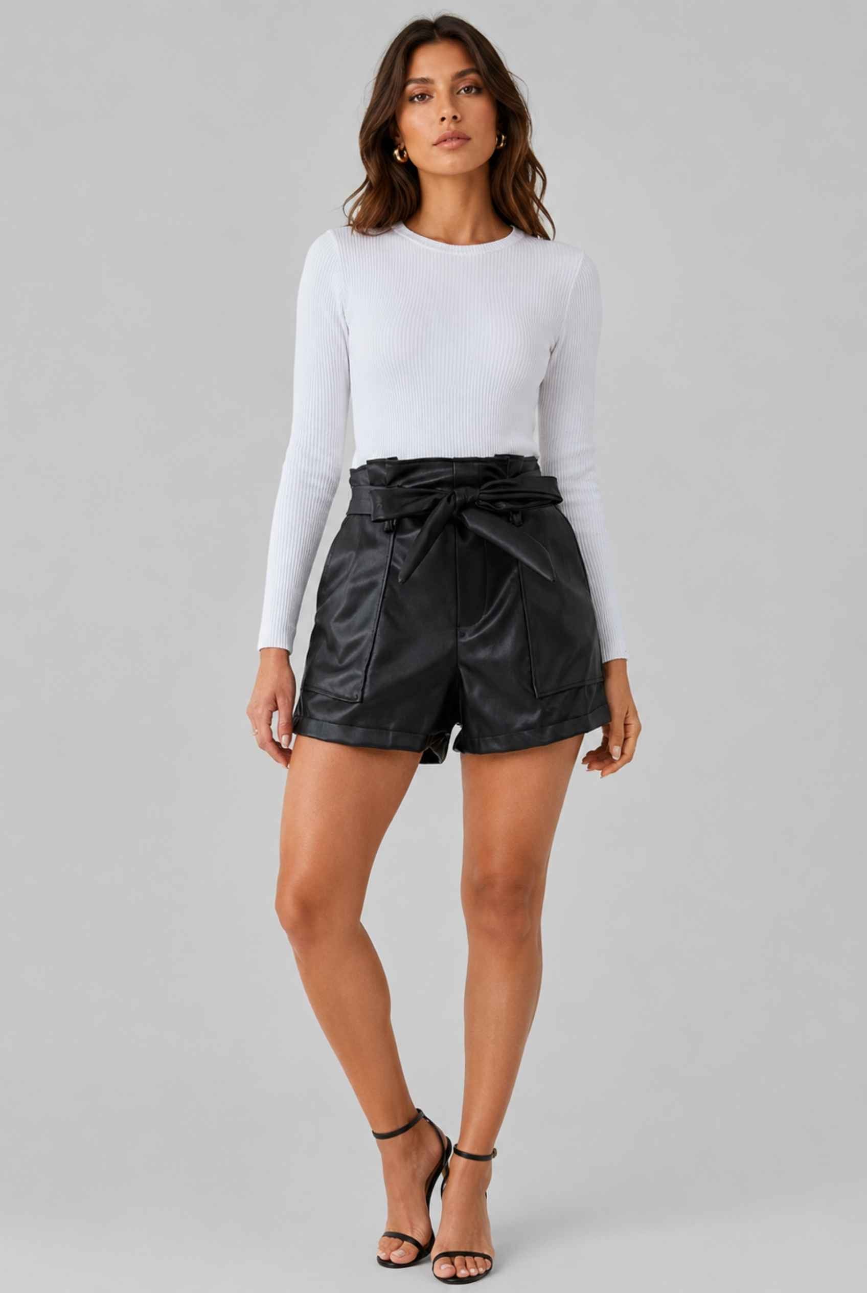 Virtual Model wearing The Gemma Leather Short Black High-Waisted Vegan Leather Paperbag Shorts