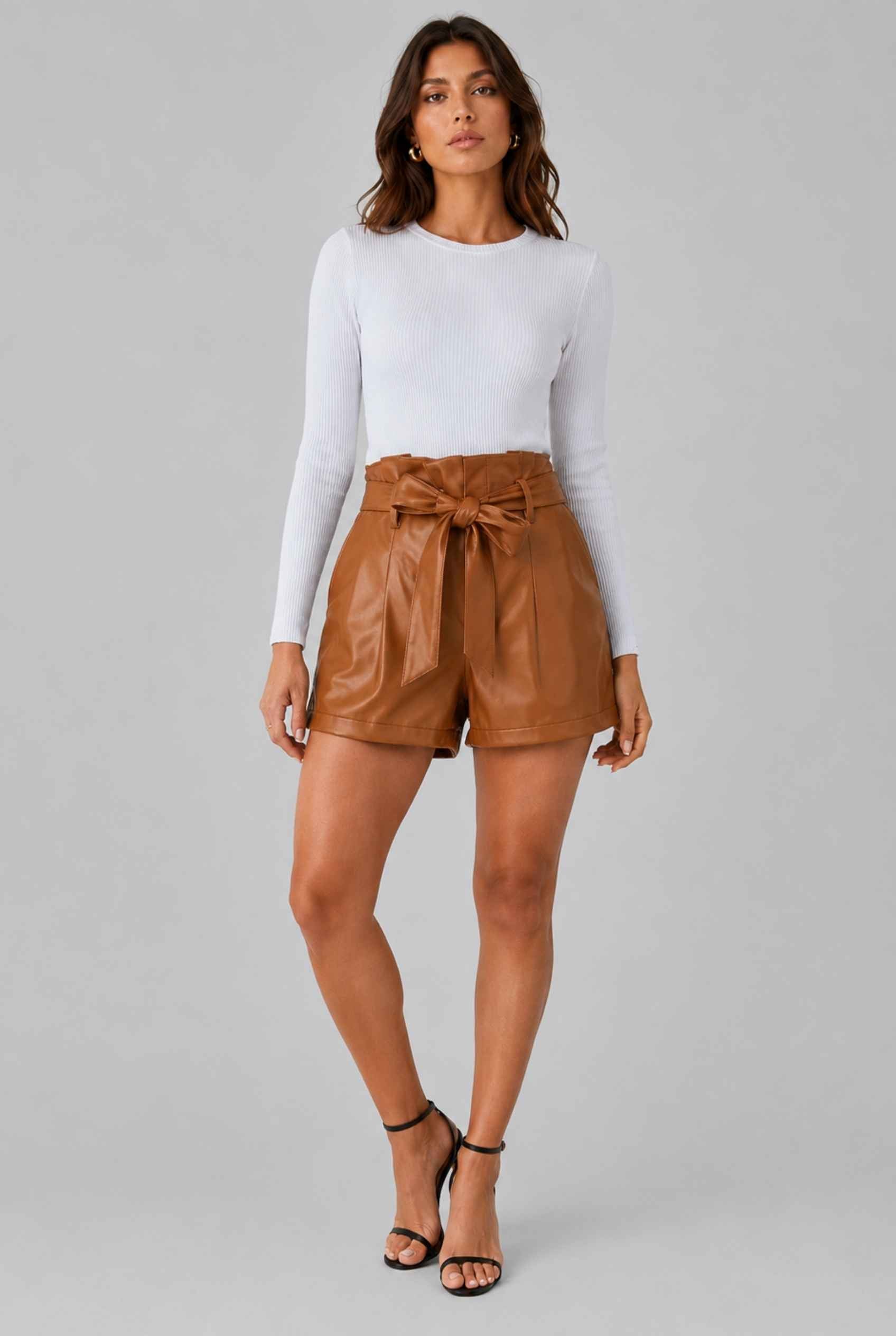Virtual Model wearing The Gemma Leather Short Camel High-Waisted Vegan Leather Paperbag Shorts