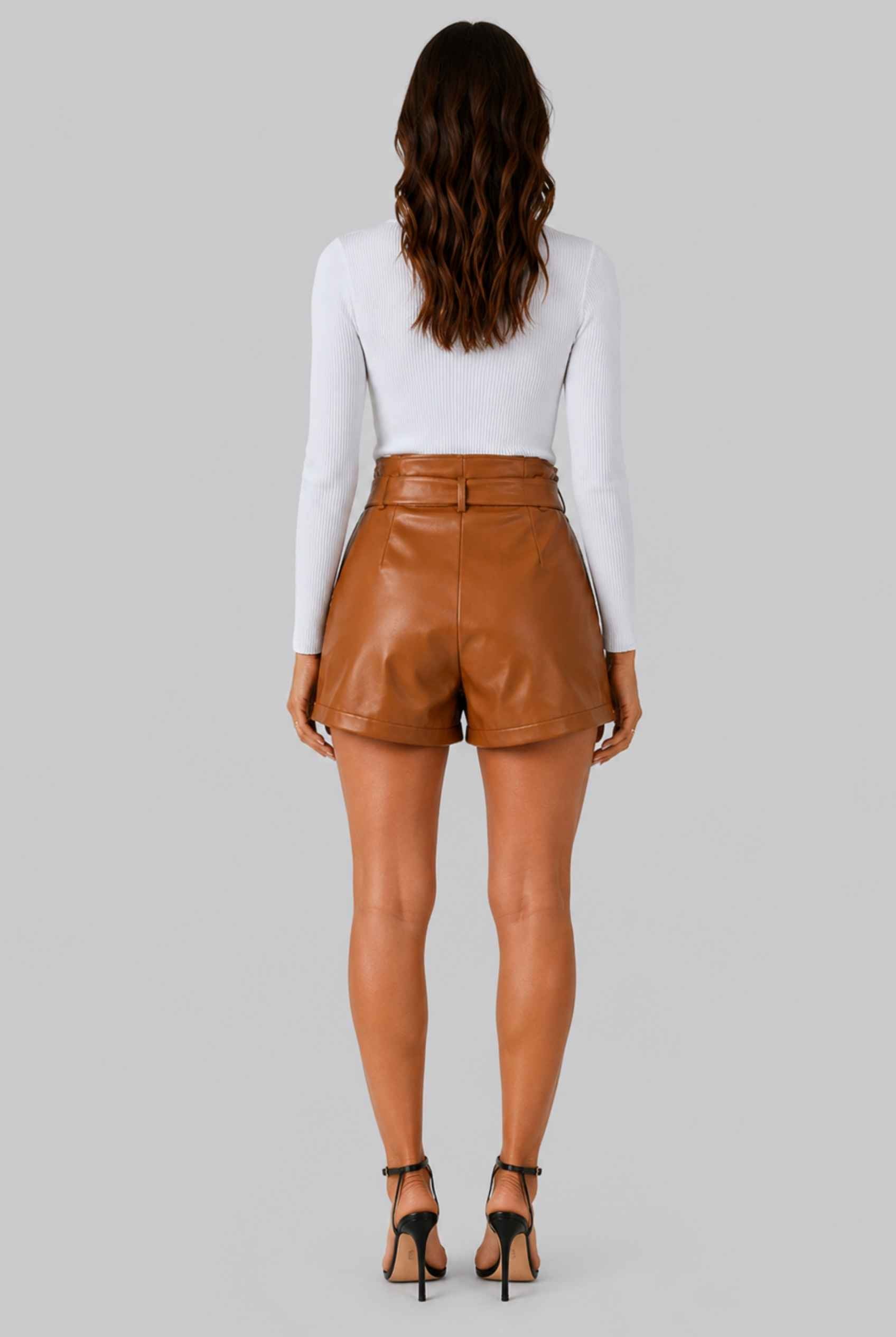 Virtual Model wearing The Gemma Leather Short Camel High-Waisted Vegan Leather Paperbag Shorts
