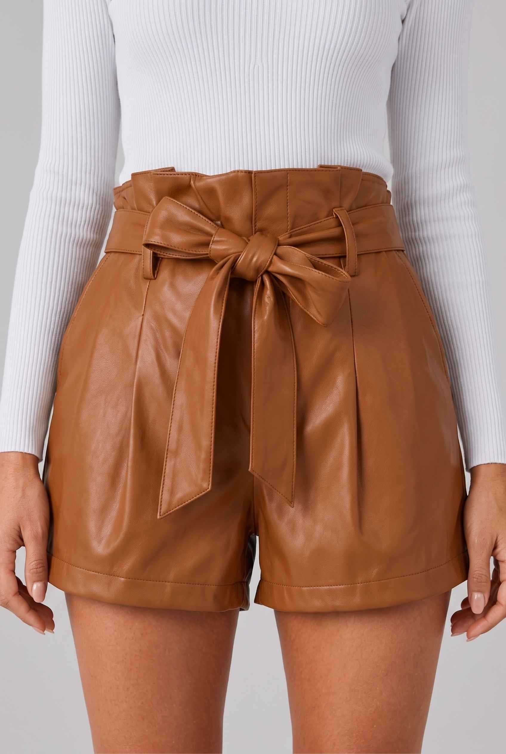 Virtual Model wearing The Gemma Leather Short Camel High-Waisted Vegan Leather Paperbag Shorts