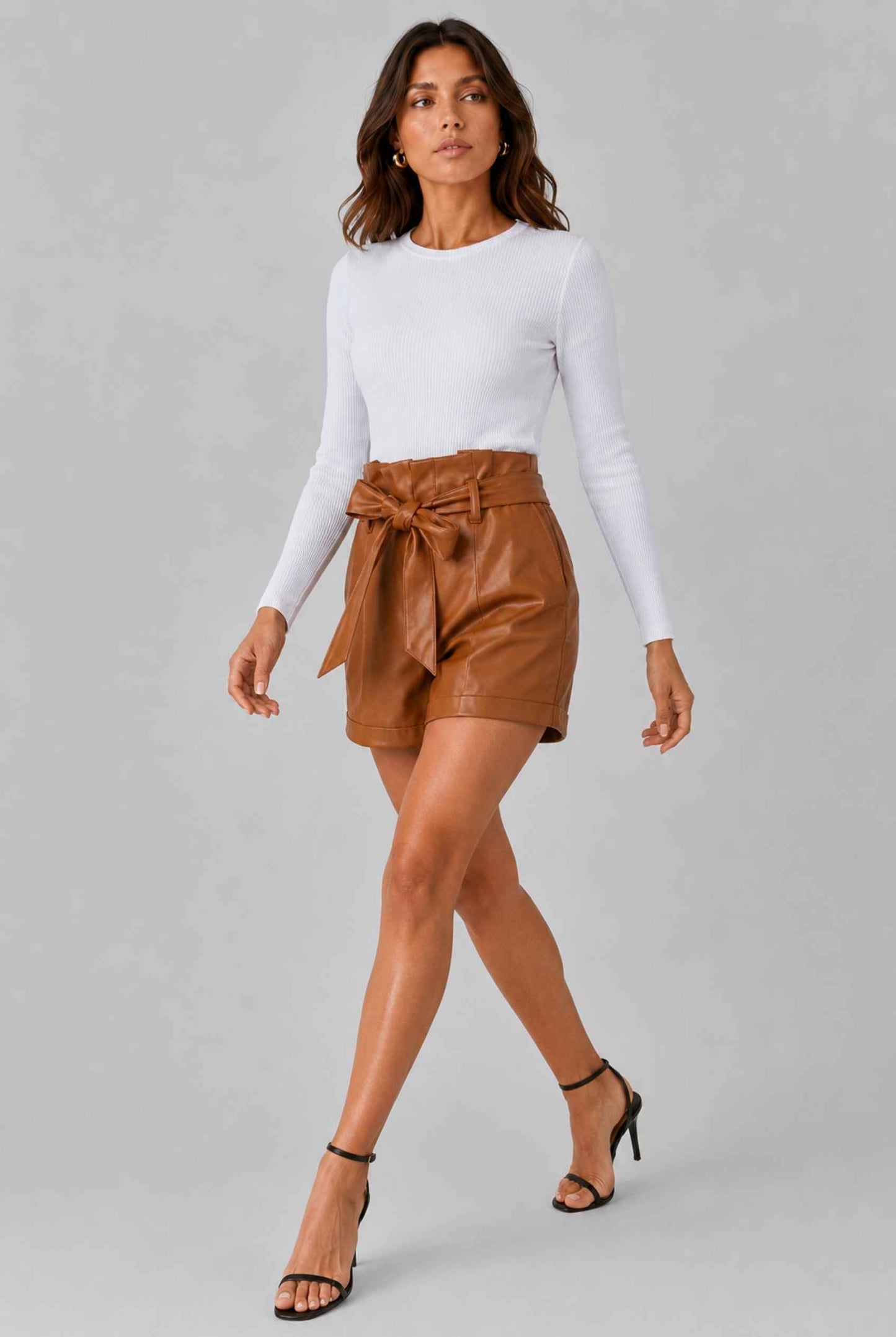 Virtual Model wearing The Gemma Leather Short Camel High-Waisted Vegan Leather Paperbag Shorts
