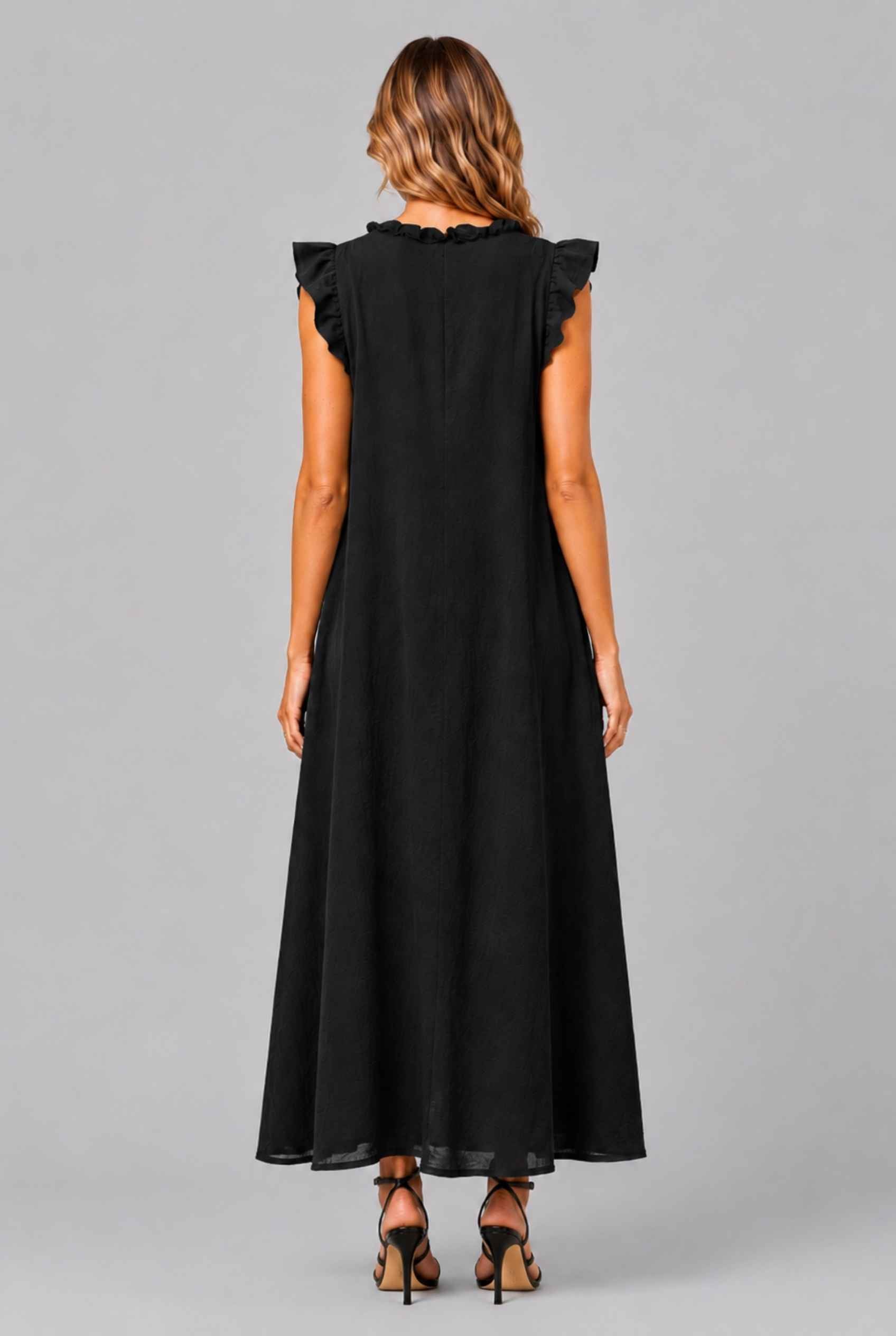 Virtual Model wearing The Gemma Ruffle Maxi Ruffle Cap Sleeve Black V-Neck Maxi Dress