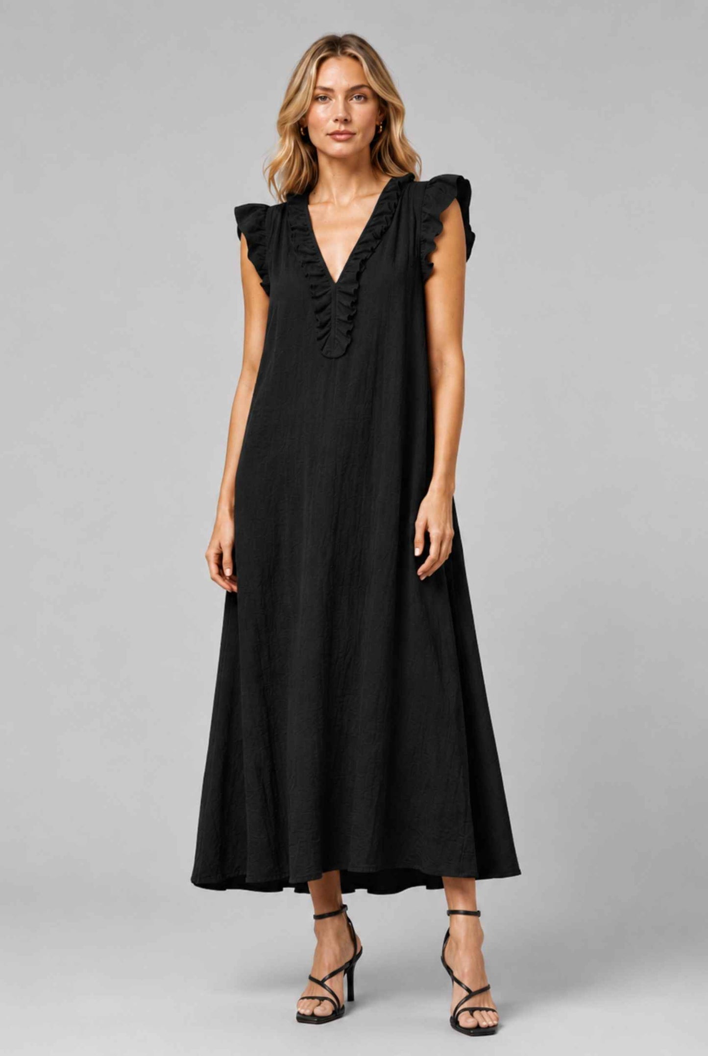 Virtual Model wearing The Gemma Ruffle Maxi Ruffle Cap Sleeve Black V-Neck Maxi Dress
