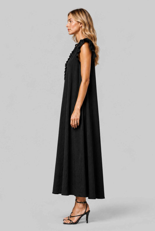 Virtual Model wearing The Gemma Ruffle Maxi Ruffle Cap Sleeve Black V-Neck Maxi Dress