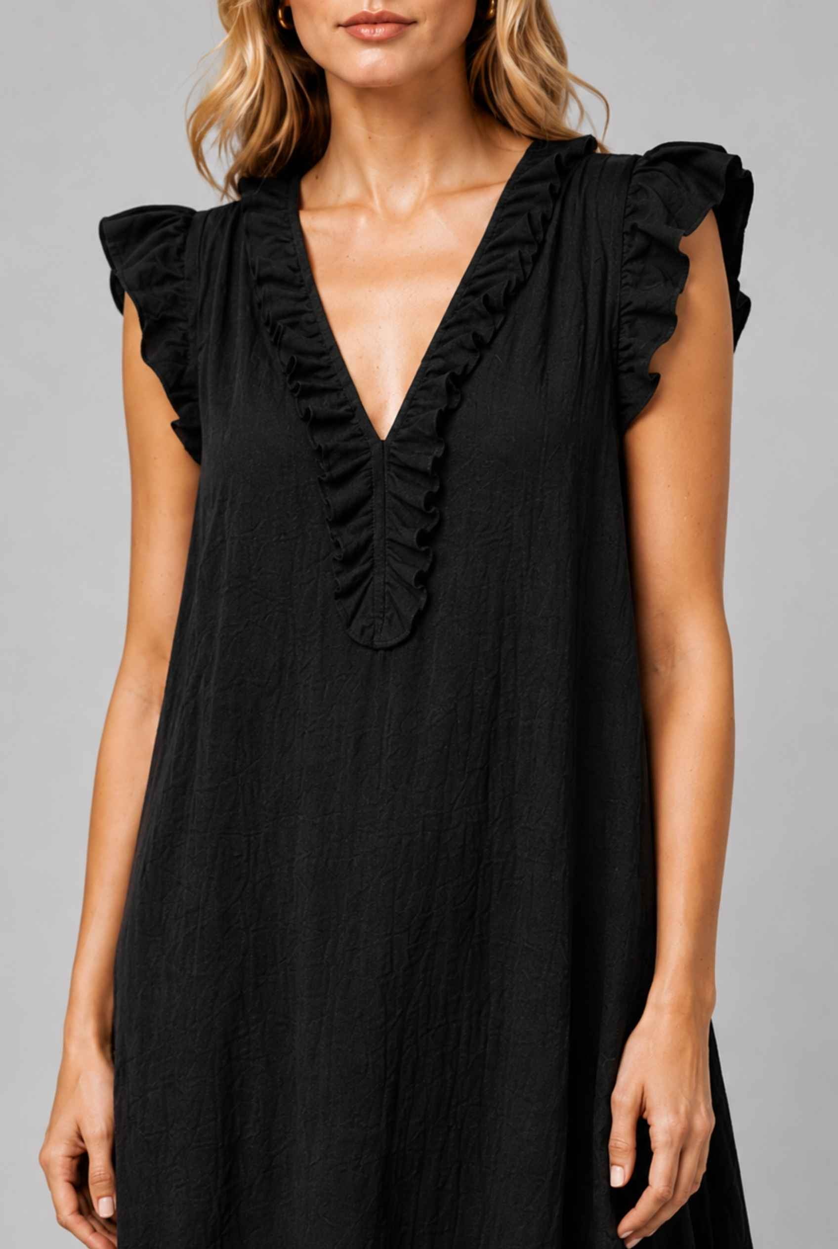 Virtual Model wearing The Gemma Ruffle Maxi Ruffle Cap Sleeve Black V-Neck Maxi Dress